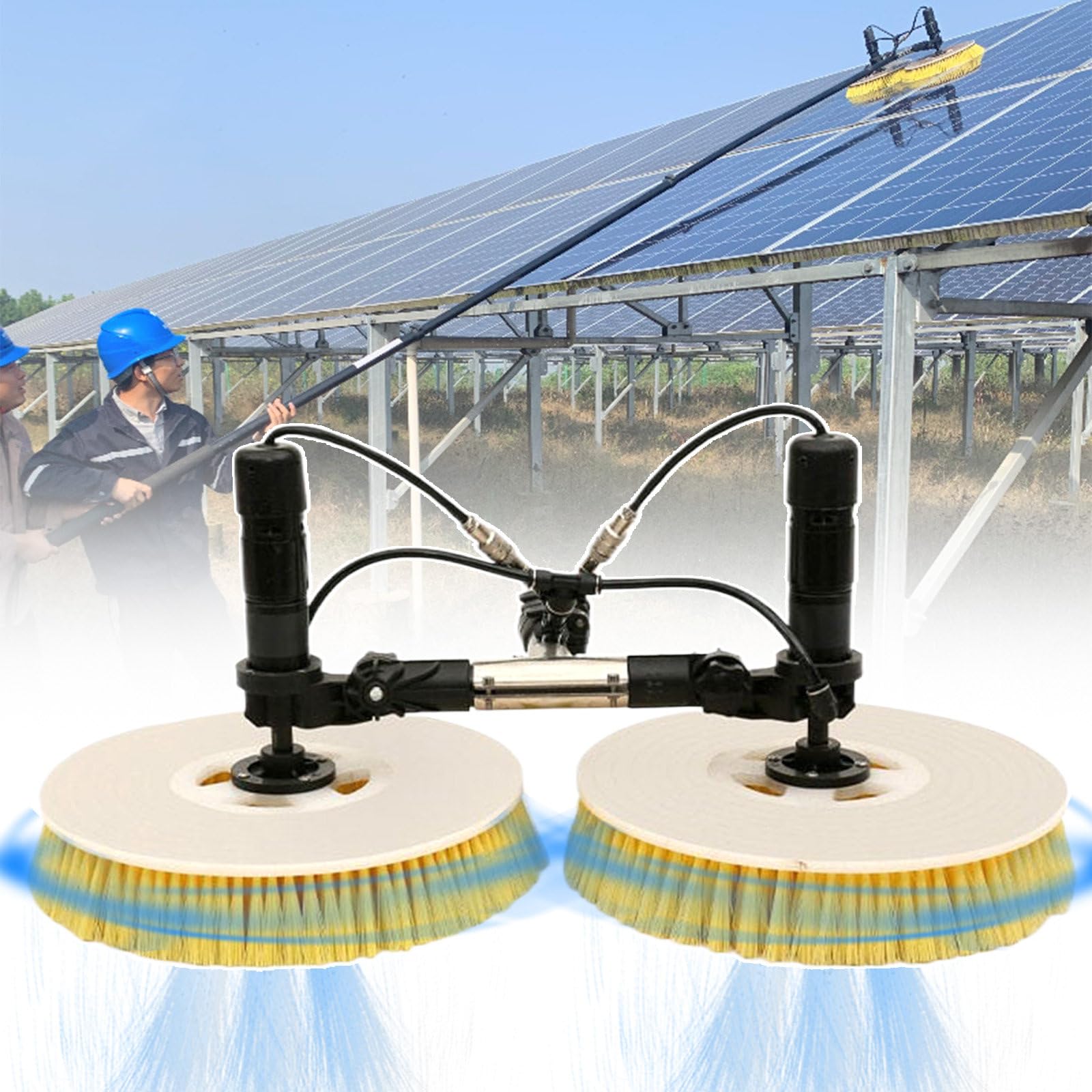 Elektryczny zestaw do czyszczenia paneli słonecznych – podwójne głowice szczotkowe 360°, pompa wodna, wąż 20 m, idealny do instalacji solarnych i sprzątania domu, zasięg 3,5 m dla łatwego i wydajnego