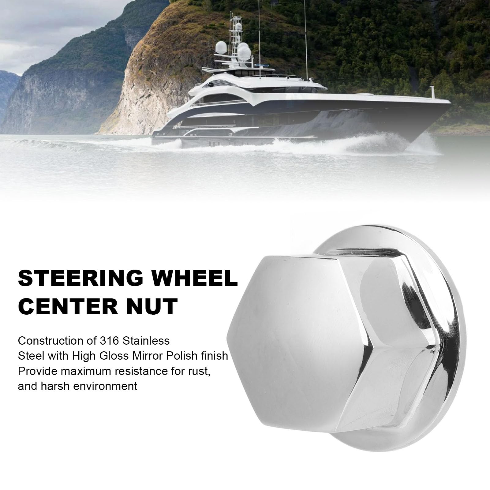 Steering Wheel Center Cap Nut, 316 Stainless Steel 1/2in ? 20 High Gloss Mirror Polish, Easy Install Boat Yacht with Teleflex Manual Helms System Fitment