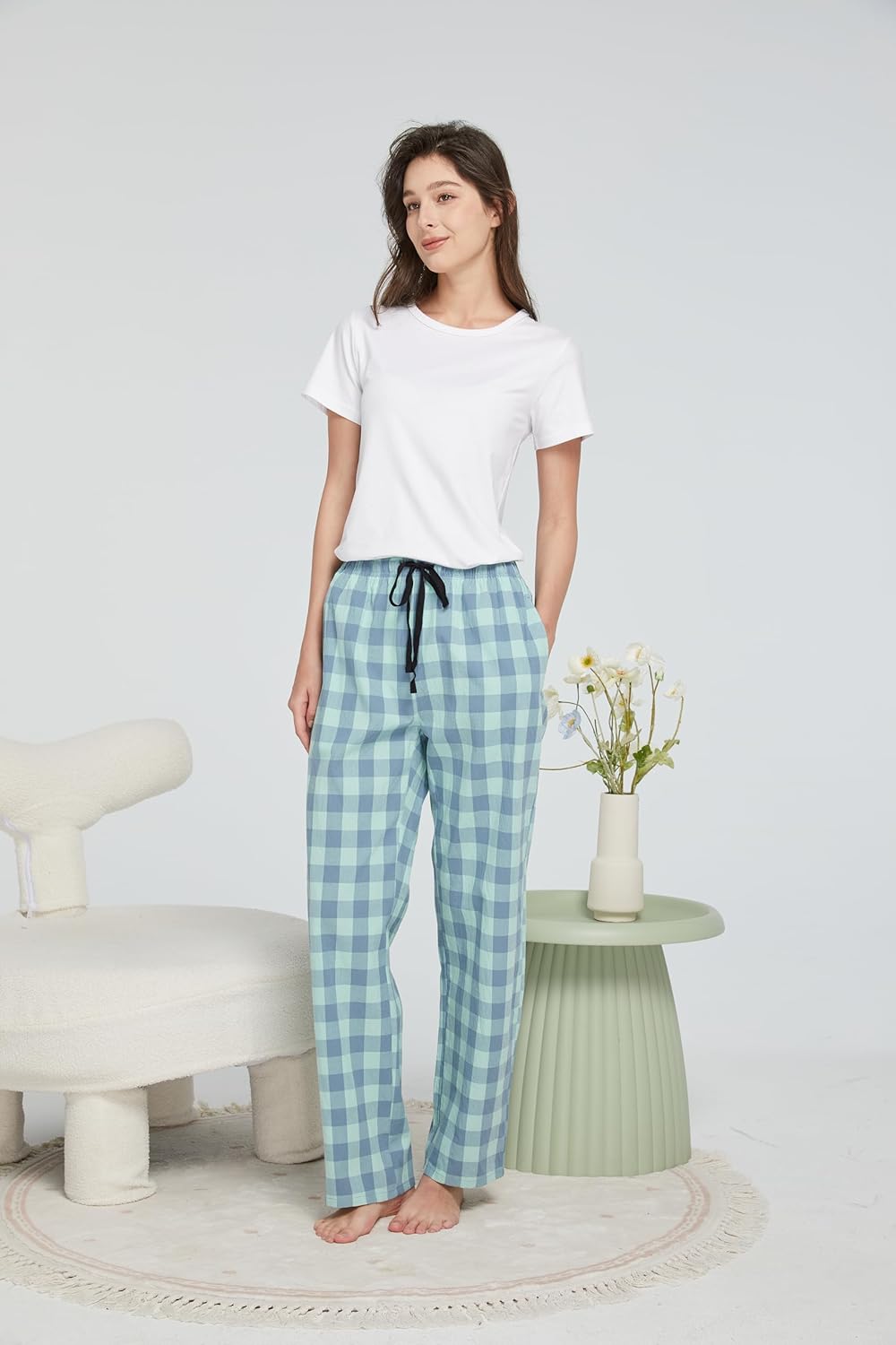 HiddenValor Women Lightweight Woven Cotton Plaid Pajama Lounge Pants With Pockets - Image 4
