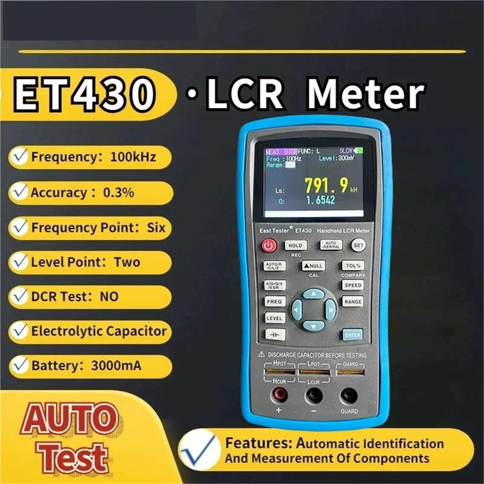 LCR-Messgerät, Digital Bridge Meter ET43 USB Handheld Hochpräzise Kapazität Induktivität Widerstand Test Digitalanzeige(ET430)