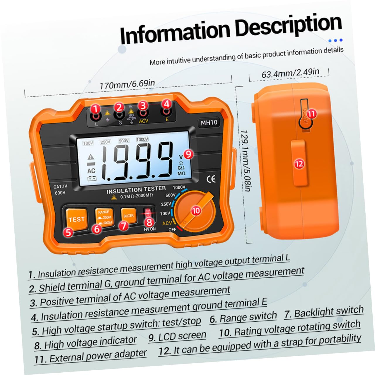 STOBAZA Tester di Resistenza di Isolamento Grande Capacità e Facile Operazione Digitale Display Lcd e Retroilluminazione per Cavo di Alimentazione e Parafulmine, per Test e Riparazioni