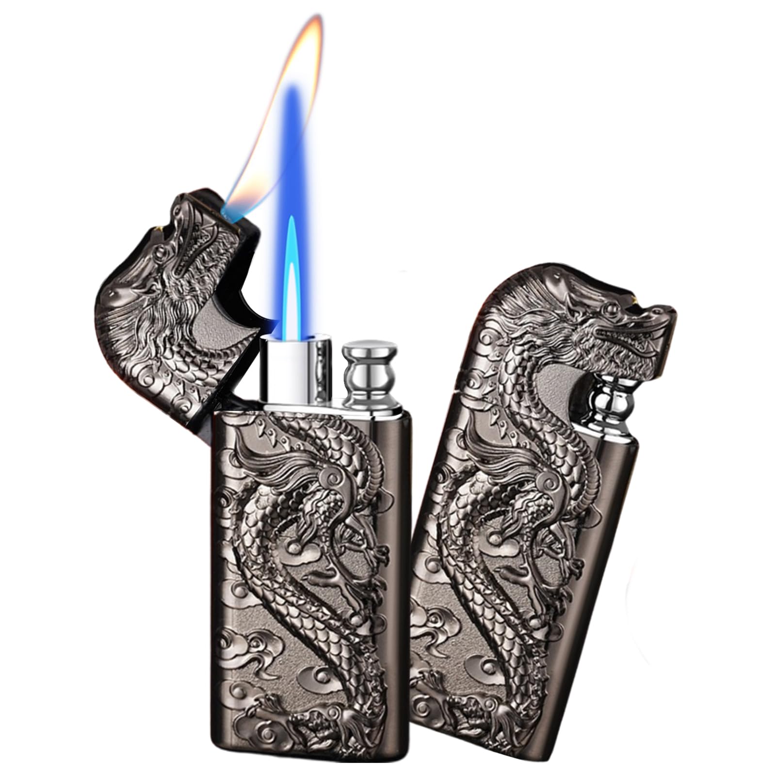 Torch Lighter, Embossed Dragon Double Flame Lighter, Windproof Jet Flame Lighter, Candle Lighter with Adjusting Flame Tool, Refillable Butane Lighter for Outdoor Indoor(Gas not Included)-Black Ice