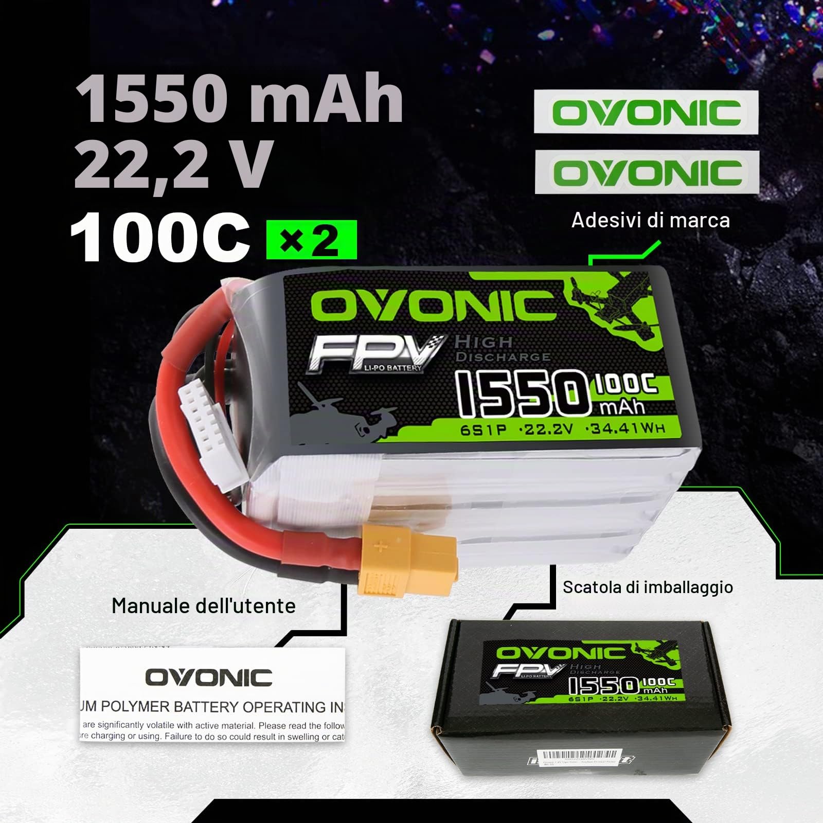 OVONIC 6S Batteria LiPo 22.2V 1550mAh 100C con connettore XT60 per FPV Racing RC Quadcopter Elicottero Aeroplano Multi-Motor Hobby Parti fai-da-te.
