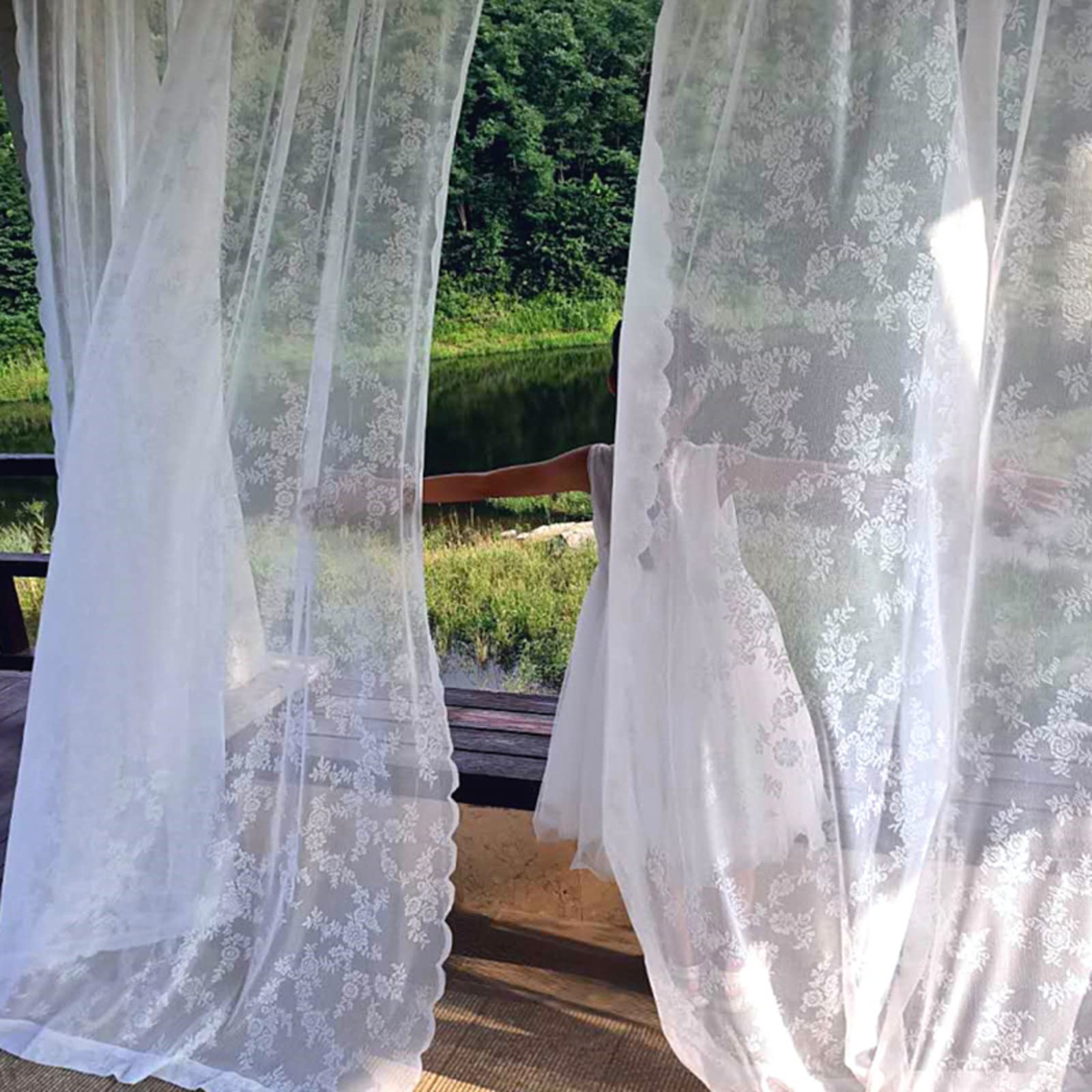 Linge de coton rétro broderie rideaux transparents blancs 280x180cm pour grand balcon