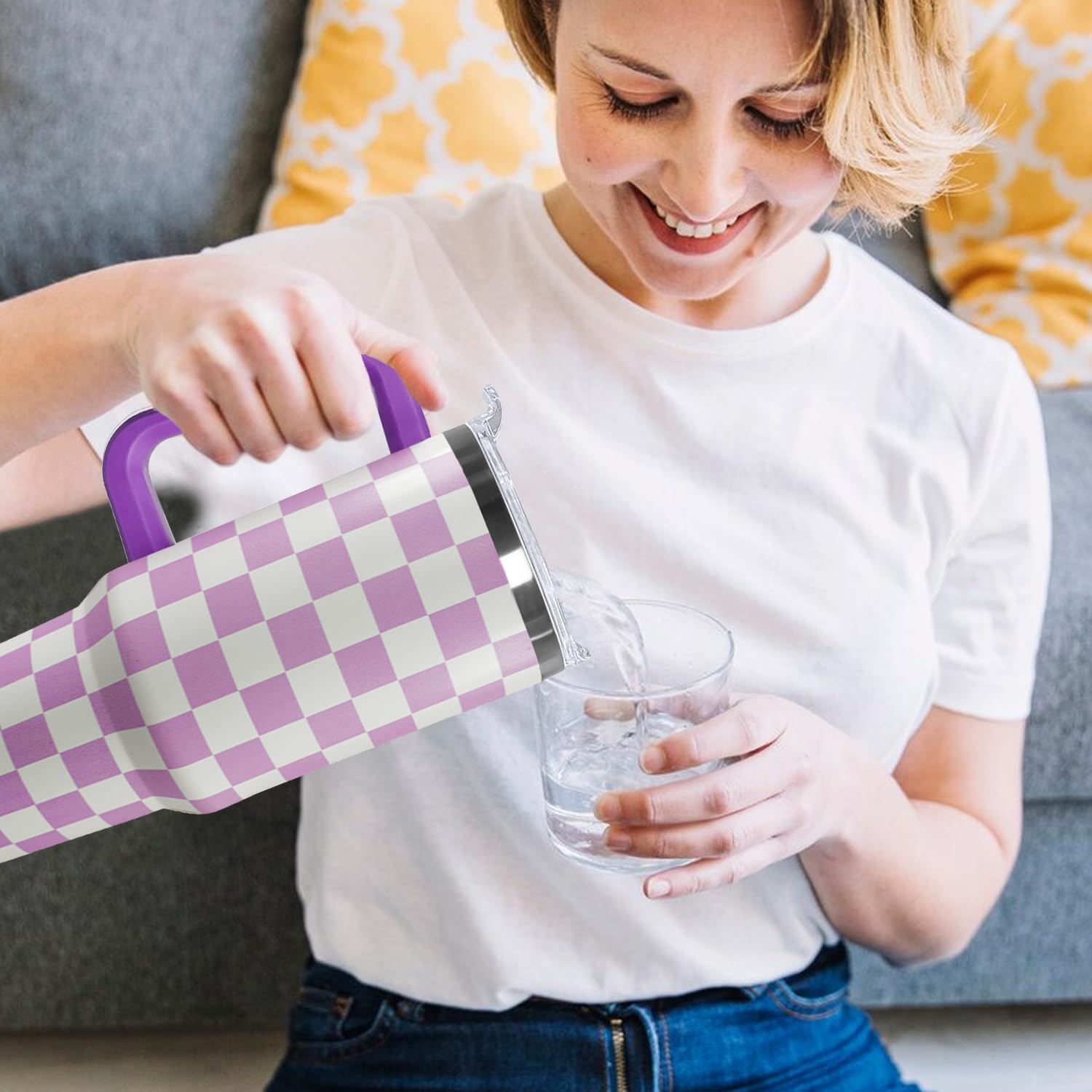 Ceovfoi 40 Oz Checkered Tumbler with Handle Lid and Straw, Purple Checkered Tumbler Water Bottle Travel Coffee Cup Mug,Checkered Gifts for Women - Image 6