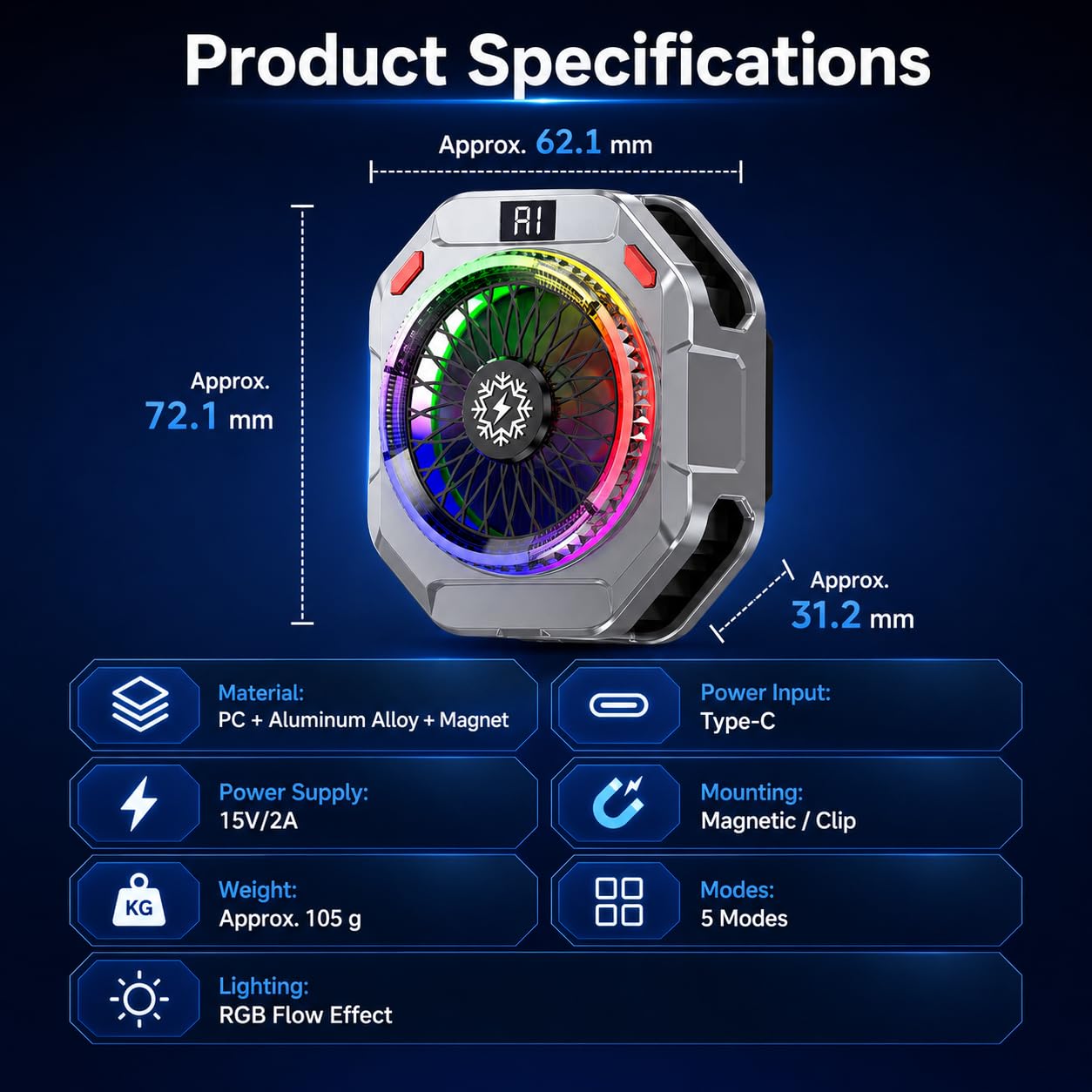 Enfriador Magnético para Móvil para Juegos,36w Potente Efecto de Rrefrigeración,Phone Cooler 4 velocidades,Enfriador de Teléfono para Gaming para Climas Cálidos