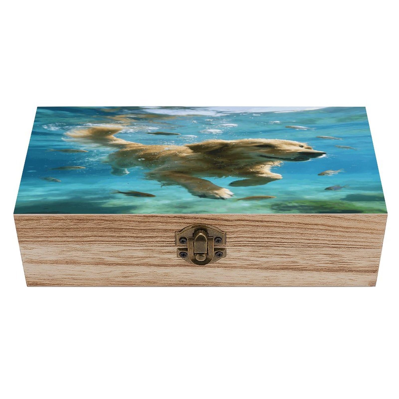 LZQPOEAS Underwater Dog Wooden Keepsake Box Wooden Storage Box Container with Hinged Lid Beautiful Wood Memory Box Decorative Jewelry Case for Crafts Art Hobbies & Trinket Storage