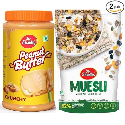 Natural Crunchy Peanut Butter with Nuts & Seeds Muesli Combo Nutritious Low-Calorie Breakfast Cereal Cholesterol Free with High Protein & Fibres(500 gm Each) (Crunchy Peanut Butter-Millets & Seeds)
