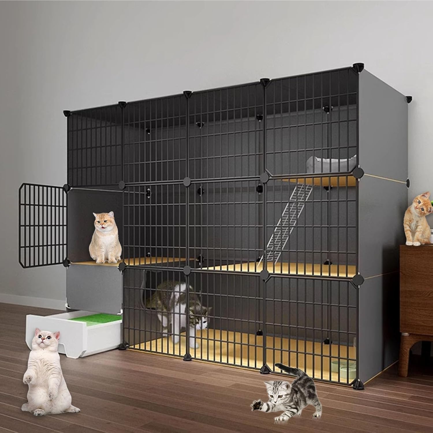 Indoor Cat Cage Enclosure with Pull-Out Litter Box, DIY Cat Condo, Durable PVC & Metal Frame, Easy Clean Design (Size: 147x49x109cm)