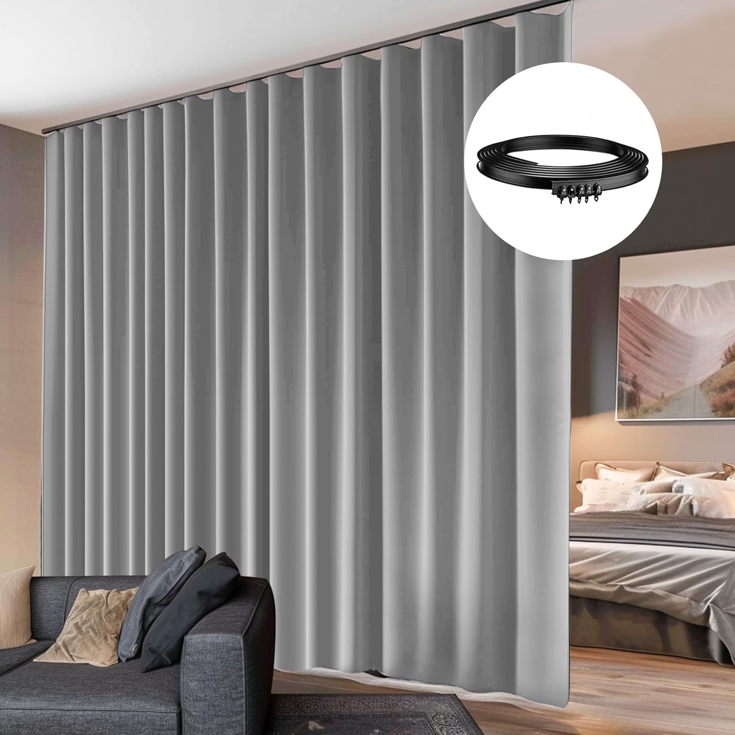 Room Divider Curtains Flexible Ceiling Tracks set Curtain track Ceiling Mount Blackout Curtain for Living Room Bedroom Ceiling Curtain Rod Privacy Dividers Panel W180xH108 Light Grey DrapeBlack rail