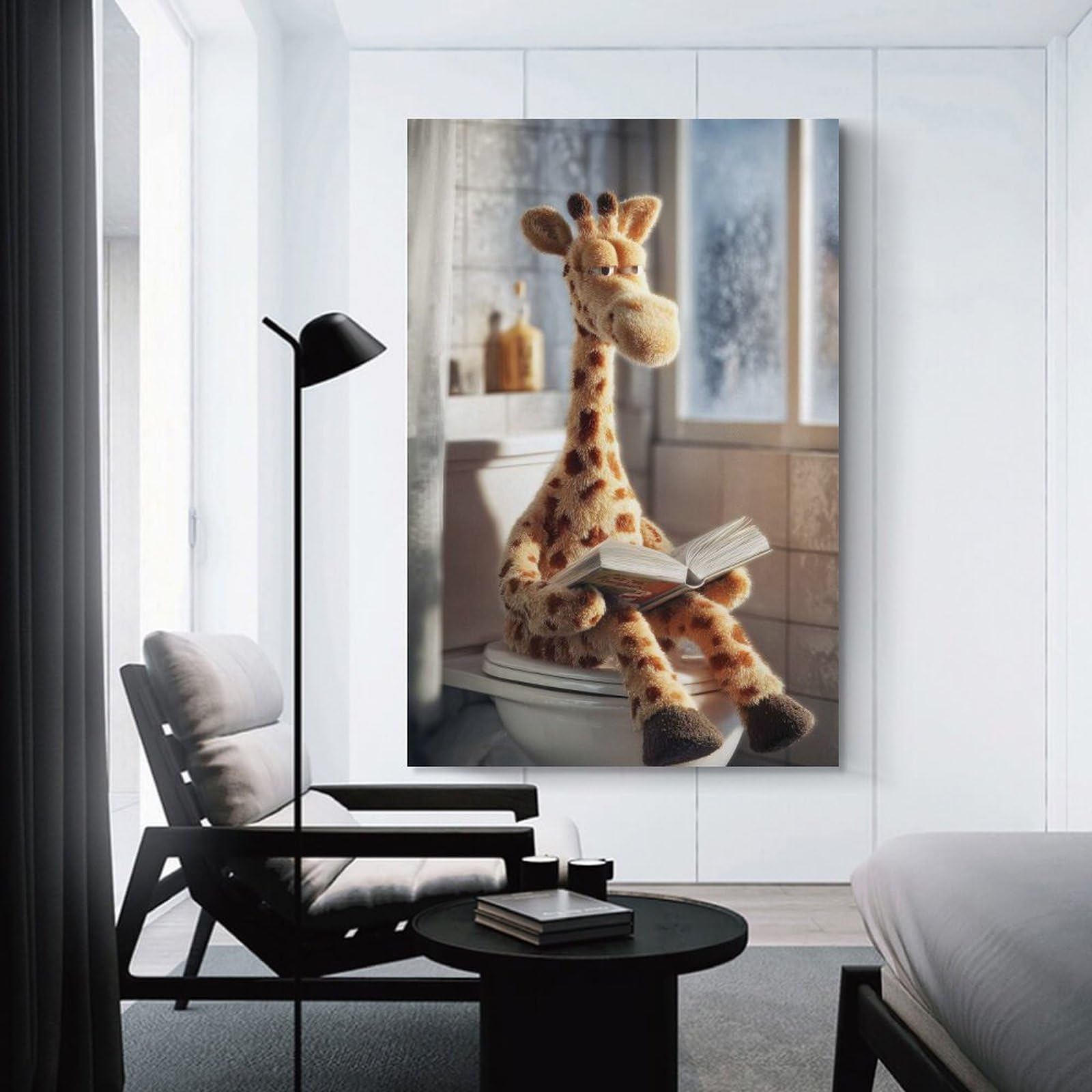 Junmoney Unframe-Style-22 Wall Picture Print Giraffe Reading On A Toilet, 24X36inch(60X90cm), For Feature Walls In Flats Or Modern Rooms, An Easy Match For Collected Prints