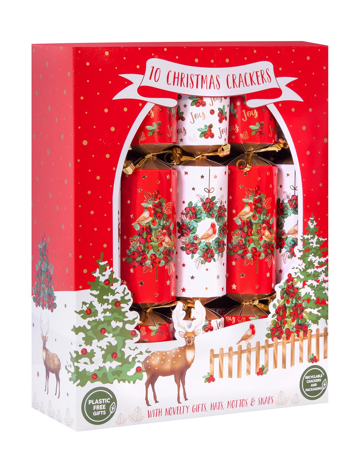 Harvey & Mason Christmas Time Box 10 Recyclable Family Christmas Crackers Red & White Robin Wreath & Tree