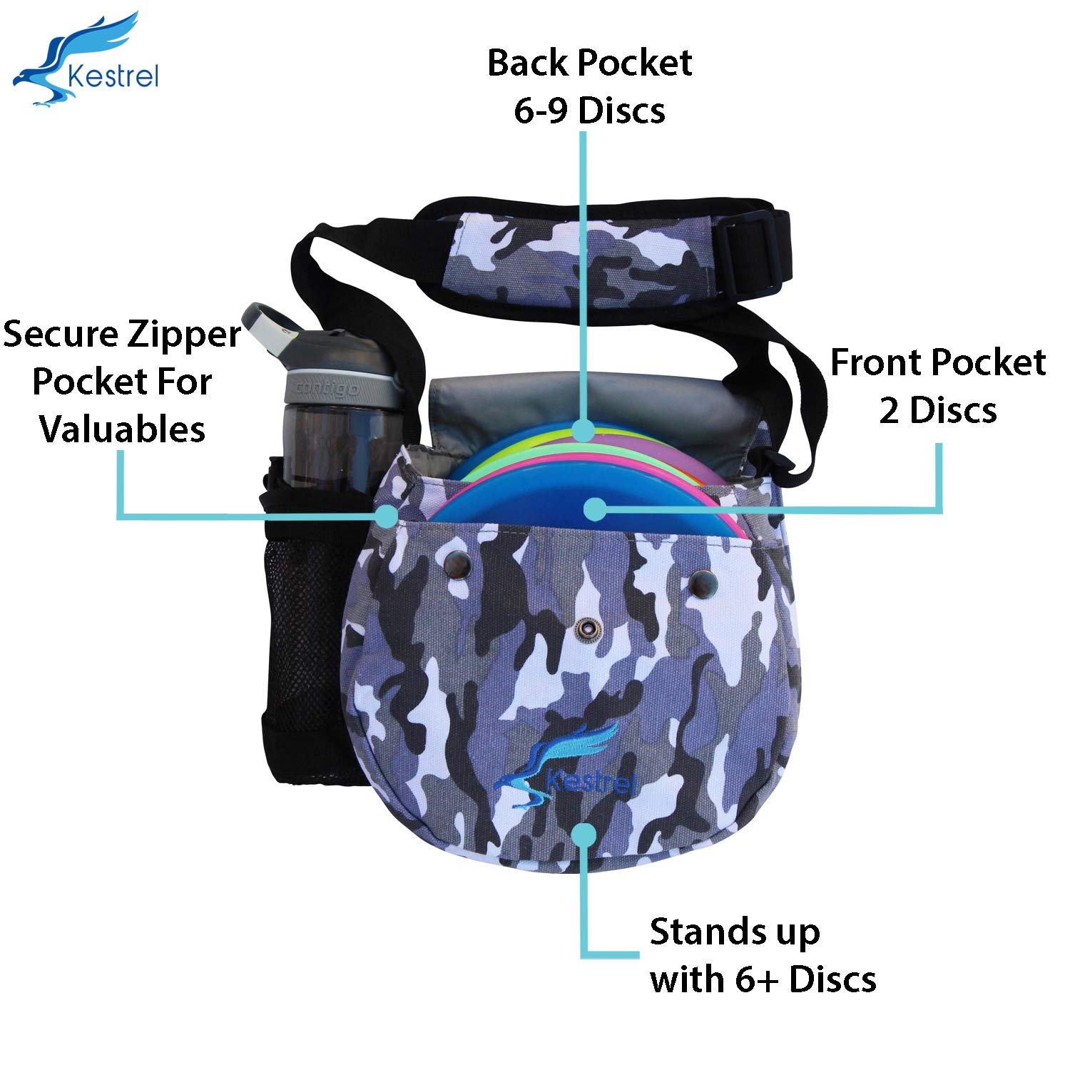 Kestrel Disc Golf bag | Fits 12 dischi + bottiglia | dischi giocatori di golf per principianti e avanzati | estremamente resistente tela | frisbee Disc Golf set borsa | sacca da golf, Gray Camo