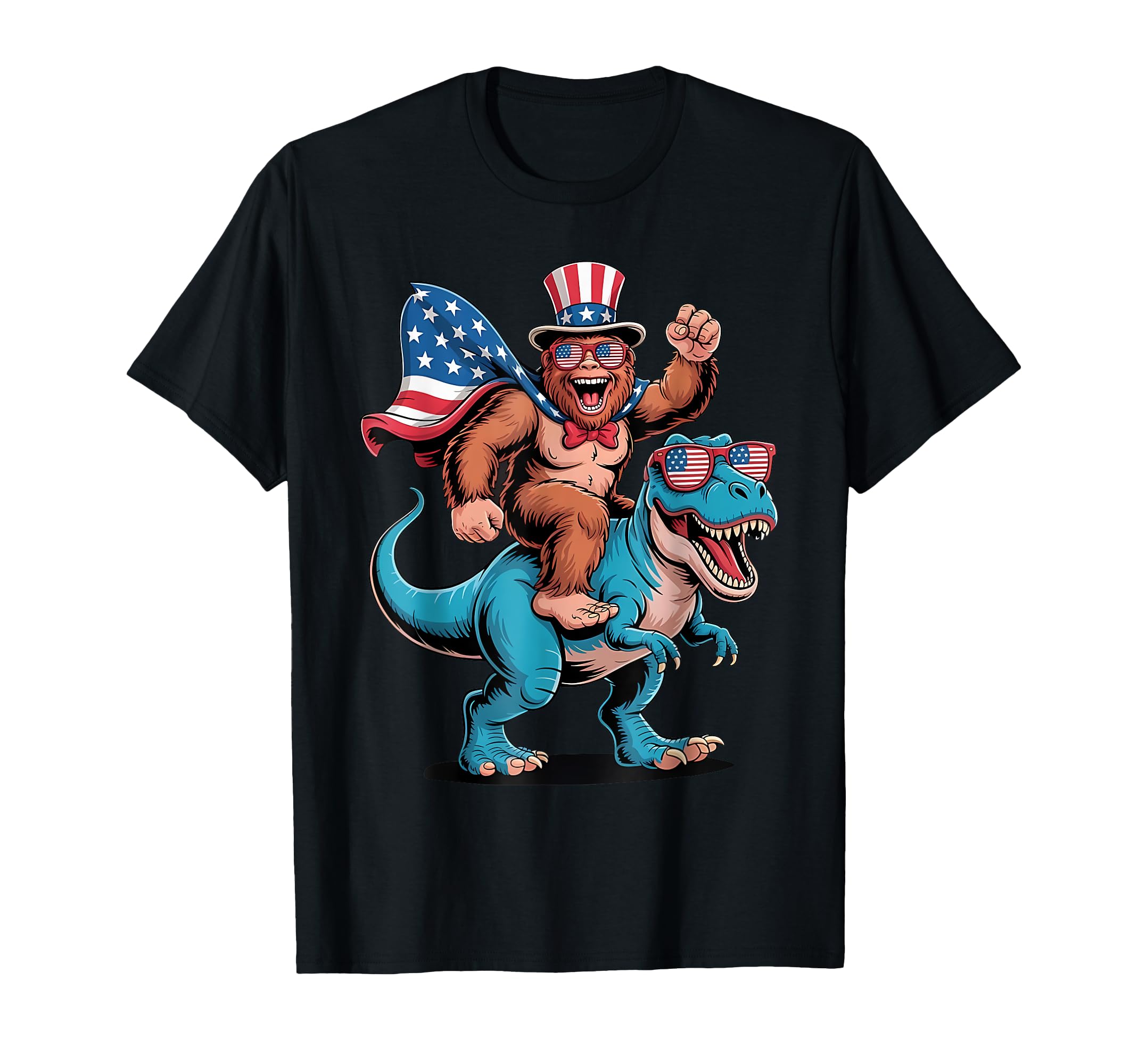 Funny Bigfoot Riding T Rex Funny 4th Of July American Flag T-Shirt