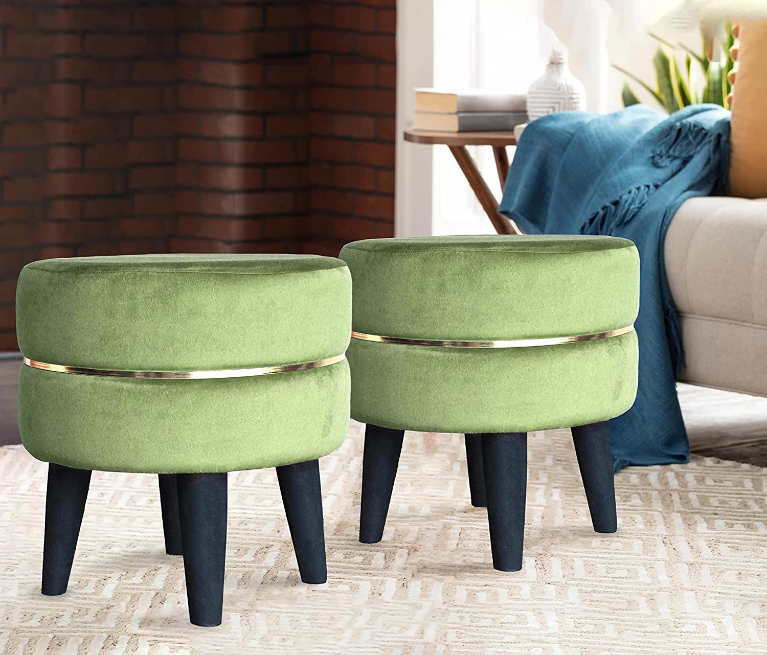 Living Room Ottomans Pouffes Pouff for Sitting Stool for Side Sofa Foam Upholder Seating Ottomans 4 Wooden Legs Chair for Dressing Table for Bedroom (40 x40 x45) Centimeter, Green-image-39