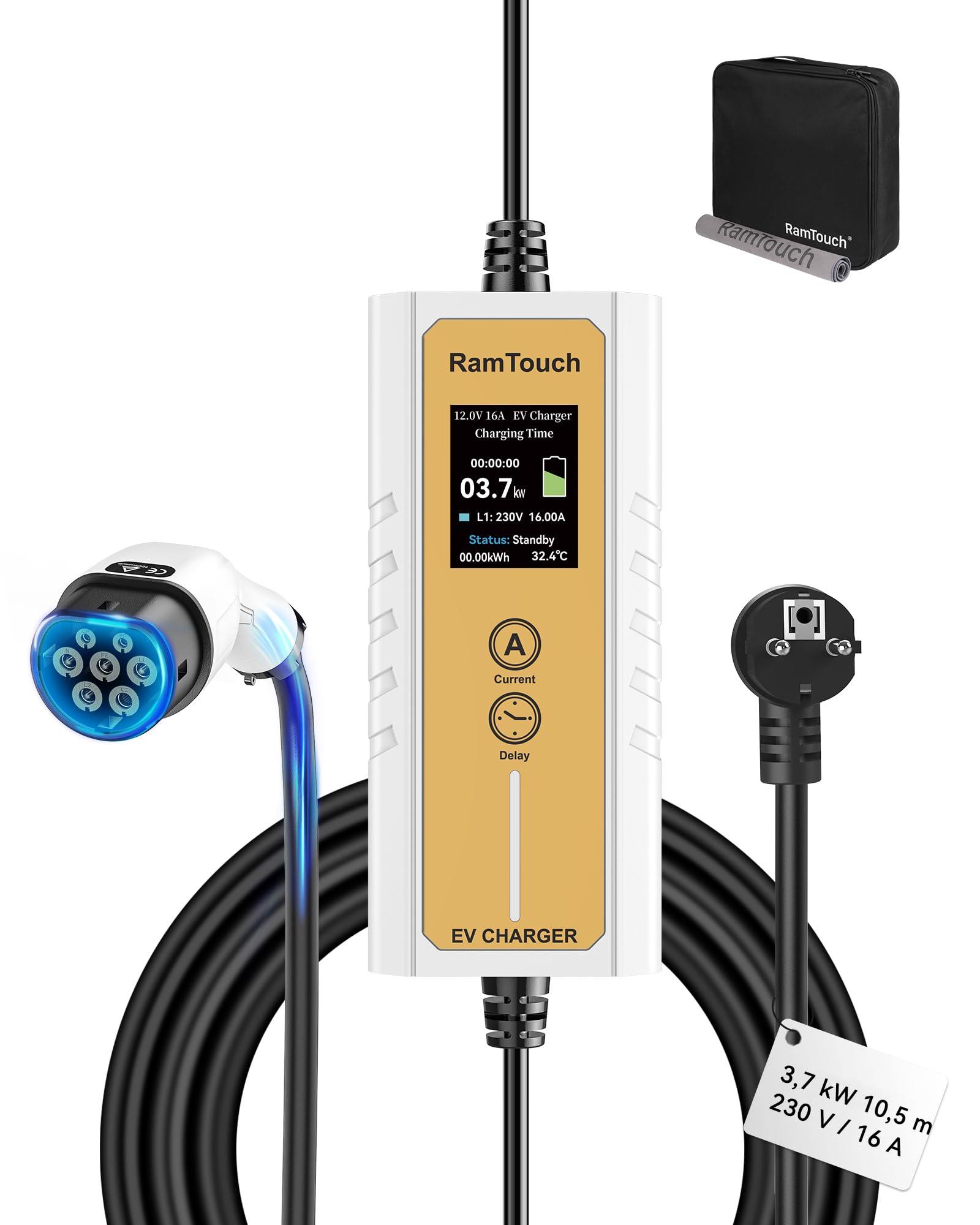 RamTouch Ladekabel Elektroauto Typ 2 Schuko (3,7 kW, 1-phasig, 10,5 m), IP65 Mobile Wallbox Schuko mit 6A-16A Einstellbar und Timer & Verzögerung, EV-Ladegerät mit LCD für E-Autos & PHEV