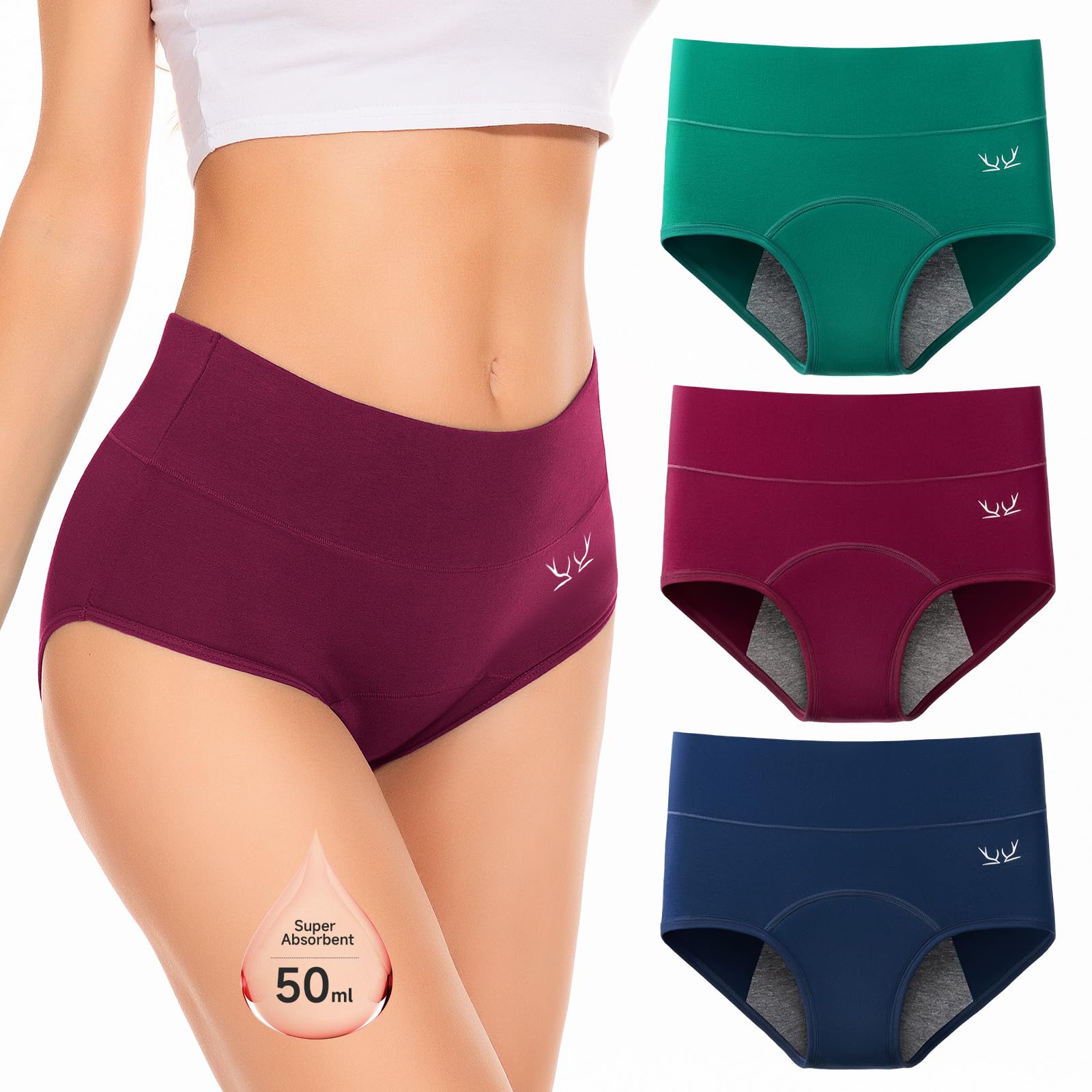 RUIXUE Bragas Menstruales Mujer Cintura Alta Braga Menstrual Algodón Ropa Interior Protección para Regla Período Moderado Pack de 3