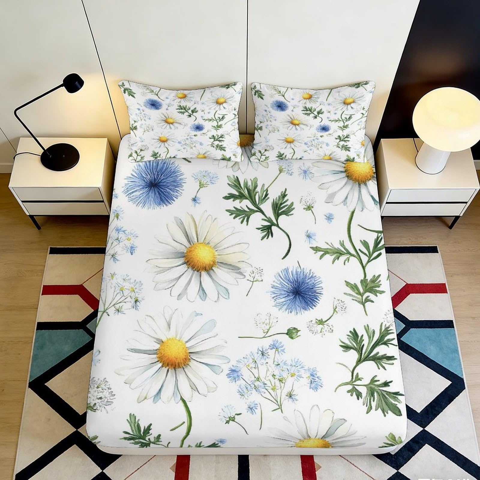 3D Printed Daisy Flower Fitted Sheet Microfiber Soft Botanical Blue Dandelion Mattress Cover for Bedroom Home Decor 90x200x25cm