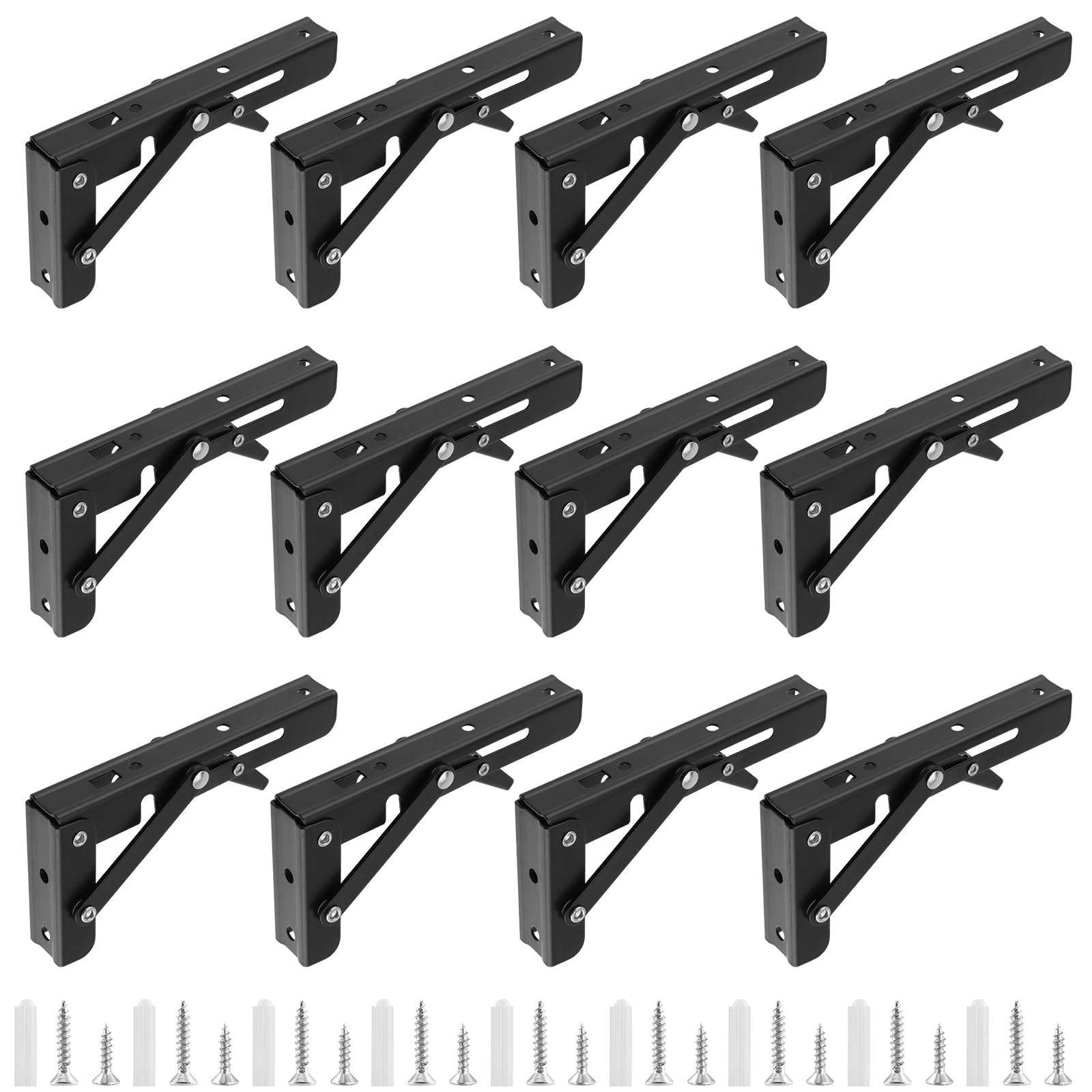 12 PCS 6 Inch Folding Shelf Brackets, Black Heavy Duty Collapsible Shelf Bracket with Mounting Hardware, Folding Table Hinge Shelf Hinge for Table