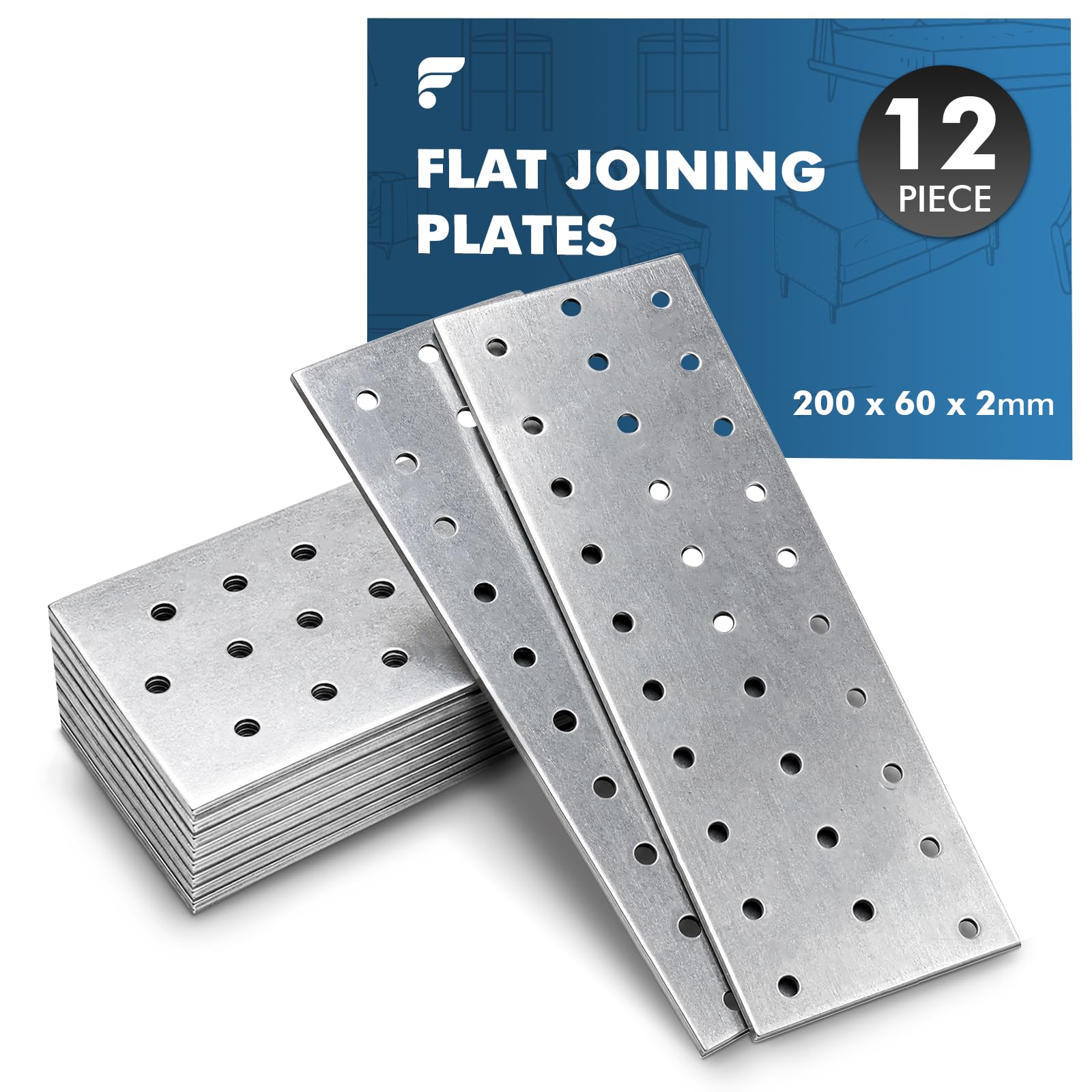 shinfly 12 Flat Brackets for Wood, 200 x 60 x 2 mm Flat Joining Plates — image 1