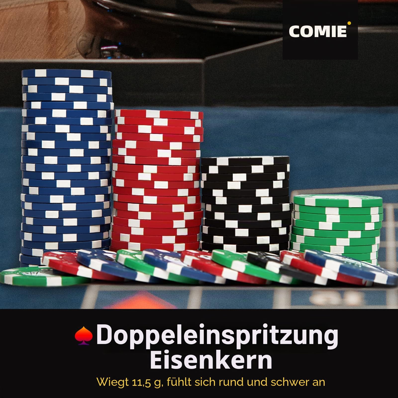 Comie Pokerchips, 500-teiliges Pokerchip-Set mit Aluminium-Reisekoffer, 11,5 g Poker-Set für Texas Holdem Blackjack-Glücksspiel