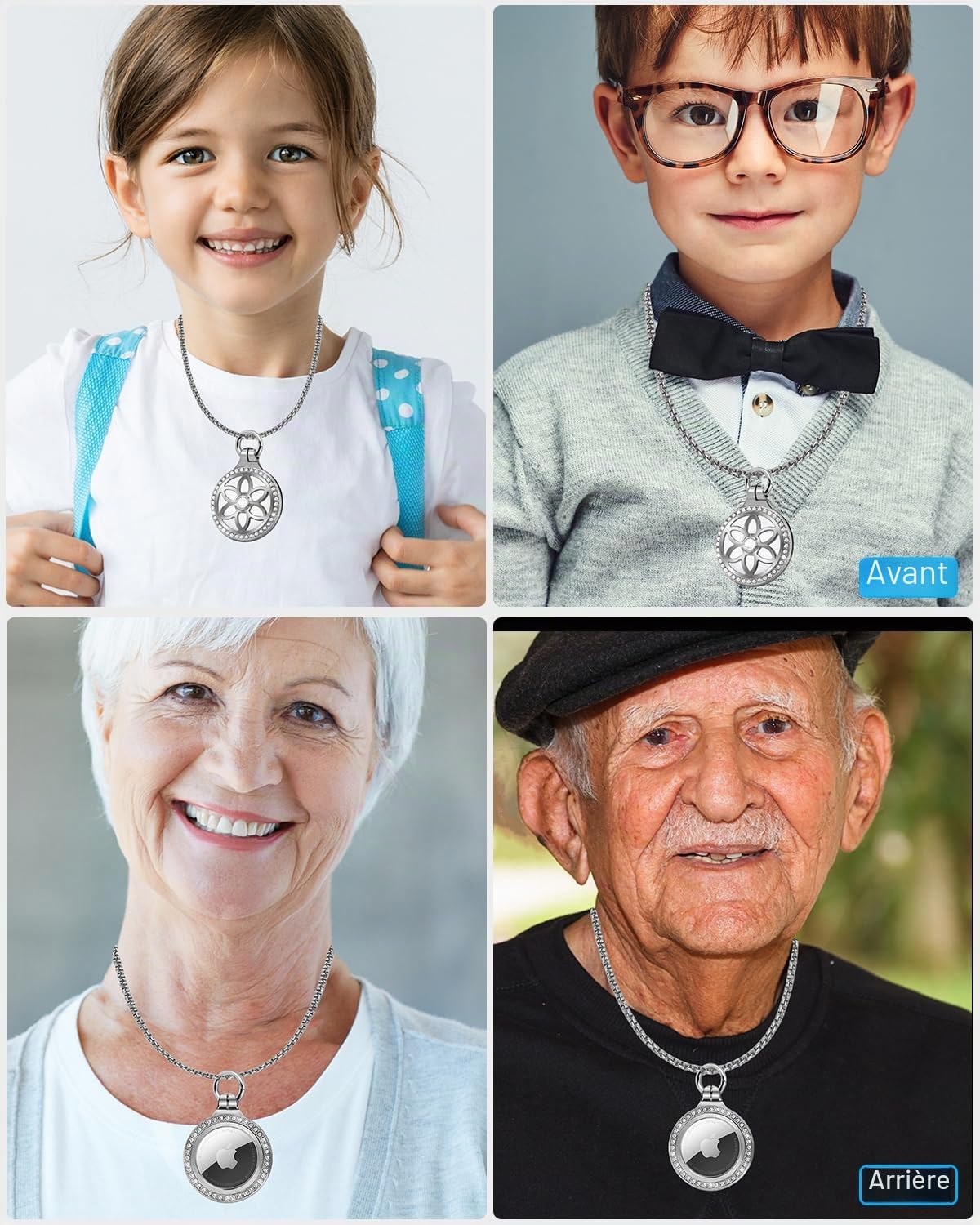 ONEONTA Collier Airtag pour enfants, bijoux en métal, collier Airtag pour adultes, collier Apple Airtag pour enfants, garçons, femmes, collier en alliage réglable de 75 cm avec support Airtag,