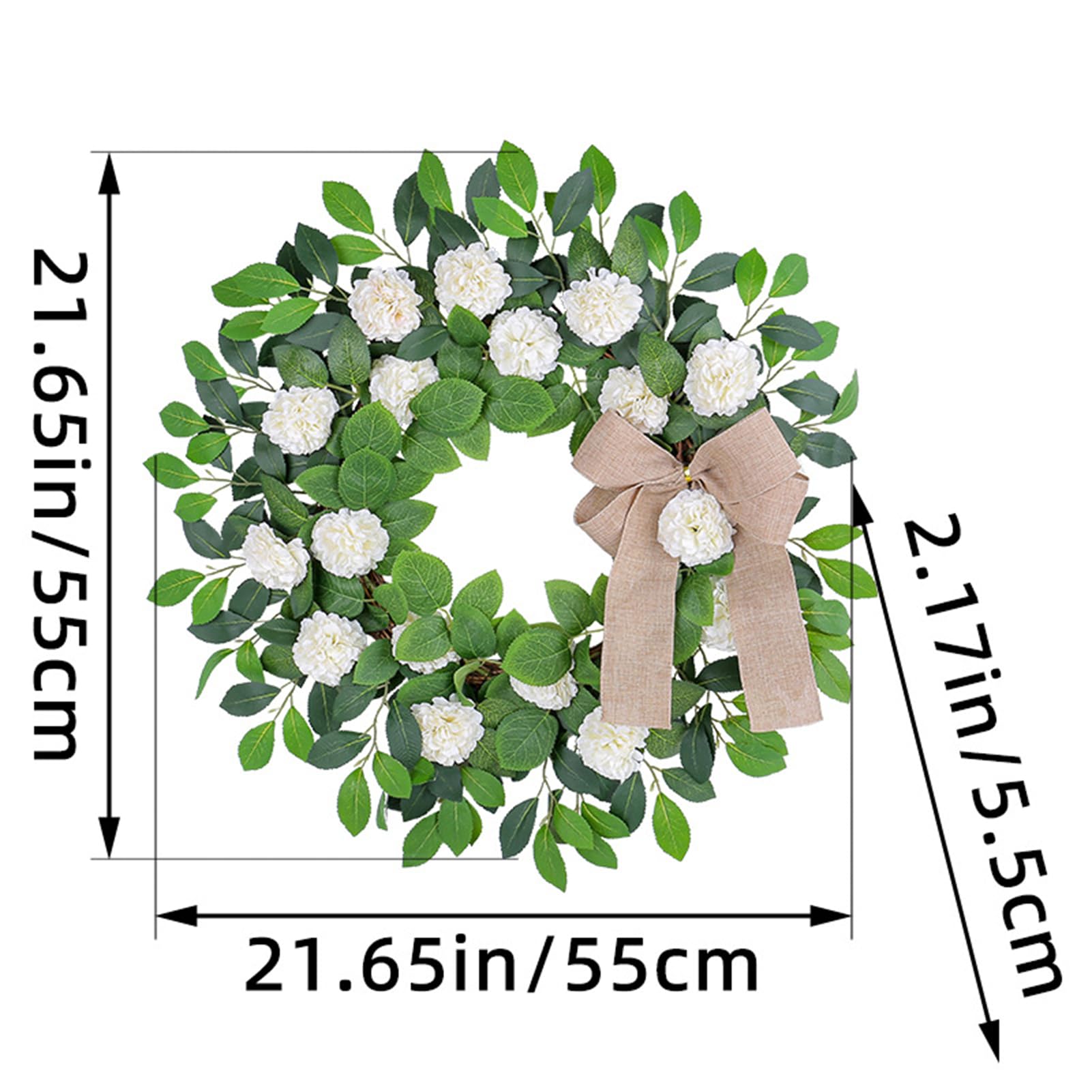 Couronnes murales de Porte Guirlandes de Vacances Fleurs artificielles décoratives 21,6 Pouces Hortensia Blanc pour façade avec nœud, Fait Main avec Verdure Eucalyptus pour fenêtre