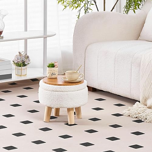 Miniatura 2 de Wimarsbon Otomana de almacenamiento, moderno reposapiés redondo con asiento acolchado suave, reposapiés de terciopelo de peluche con patas de