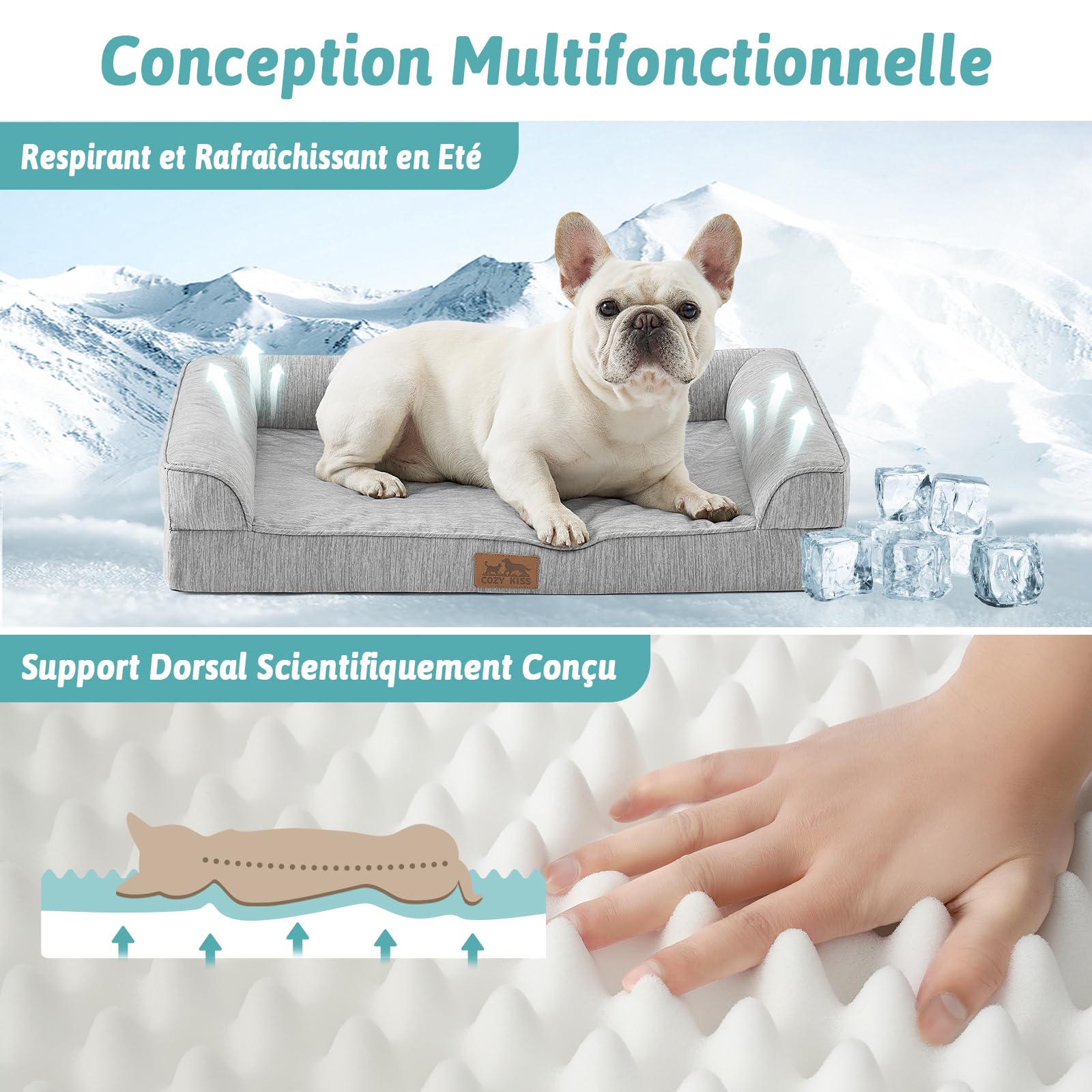 COZY KISS Chłodzące ortopedyczne legowisko dla dużego psa 107x76x18cm - Ergonomiczna sofa dla psa z odpinanym i pralnym pokrowcem oraz pianką w kształcie jajek, wodoodporna, srebrnoszara
