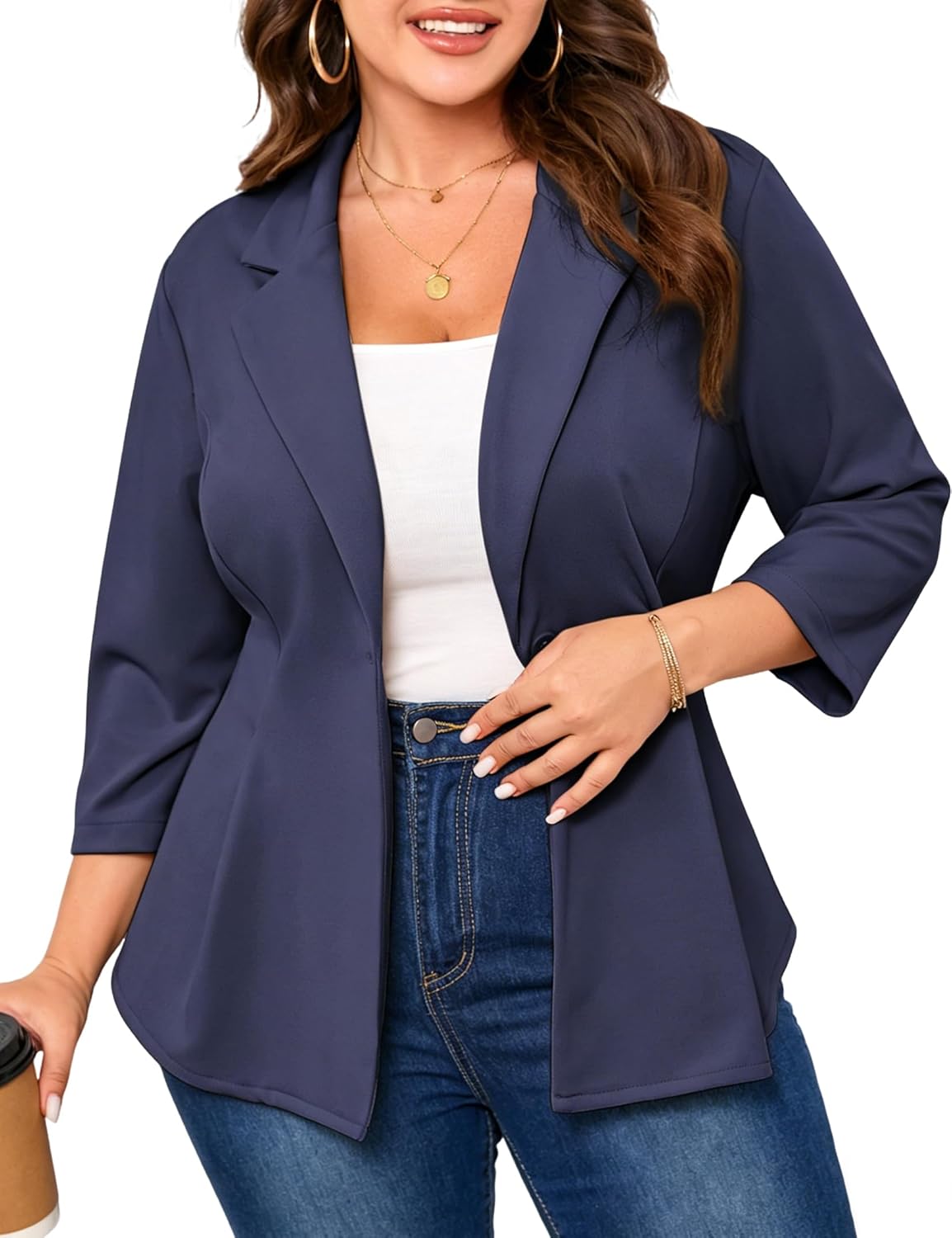 Yesfashion Women's Plus Size Blazer Notched Lapel One-Button 3/4 Sleeve Tailored Jacket for Office & Casual