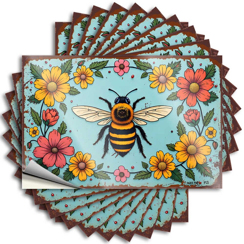 Fzfn Colour Sticker Heavy Dorm Room Stuff Bottle Brightly Colored Bee Amidst Vibrant Floral Frame - No Residue Decals For Coffee(6X9cm)