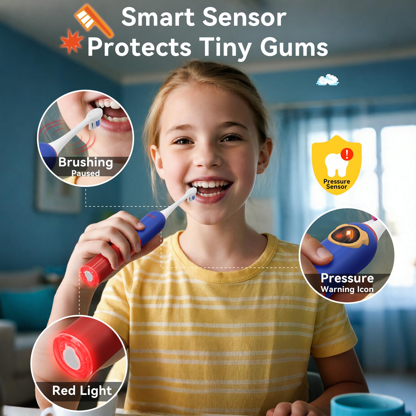 Seago Cepillo eléctrico para niños con pantalla inteligente para mayores de 6 años, cepillo de dientes sónico y sensor de presión, temporizador de 2 minutos, mango de silicona,SG2772, Azul