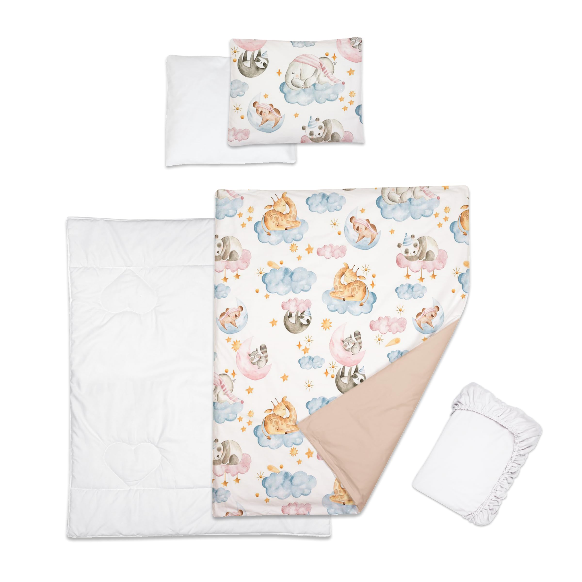 Baby Comfort 5 Piece Toddler Bedding Duvet Pillow with Covers & Jersey Sheet fits 100x50cm Travel Cot 12M+ (Animals in clouds)