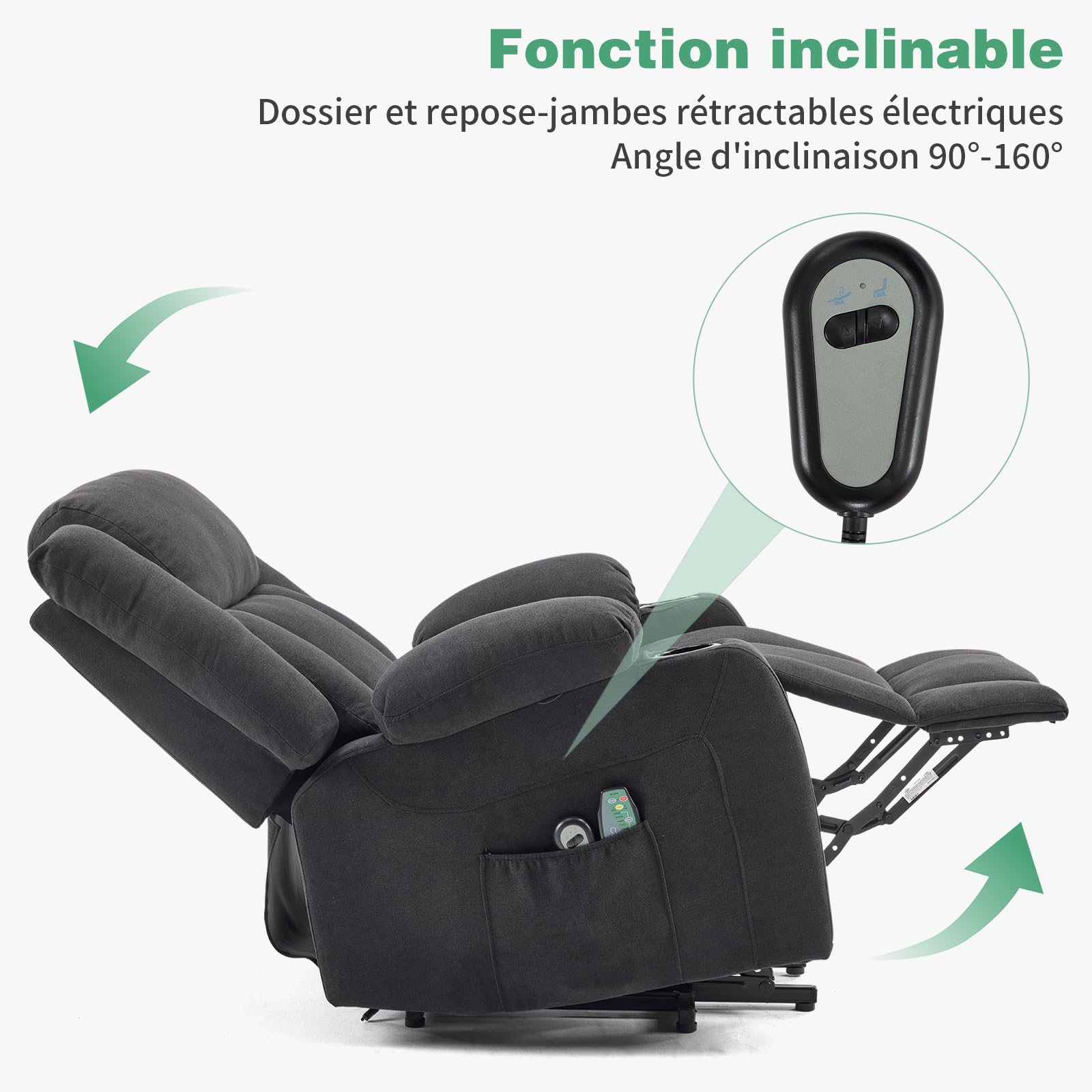 LEADZM Sillón elevador eléctrico relax con función de masaje y calor | inclinación ajustable y reposapiés, mando a distancia incluido, Schwarz