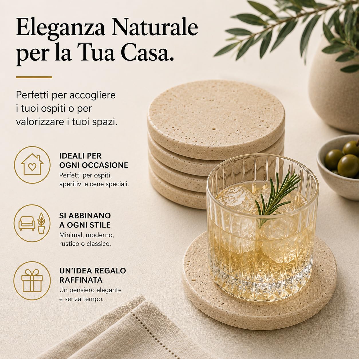 Kalu Creations | Elegante Untersetzer aus Travertin rund – Set mit 6 Untersetzern aus Naturstein – handgefertigt in Italien – elegantes Tisch-Accessoire