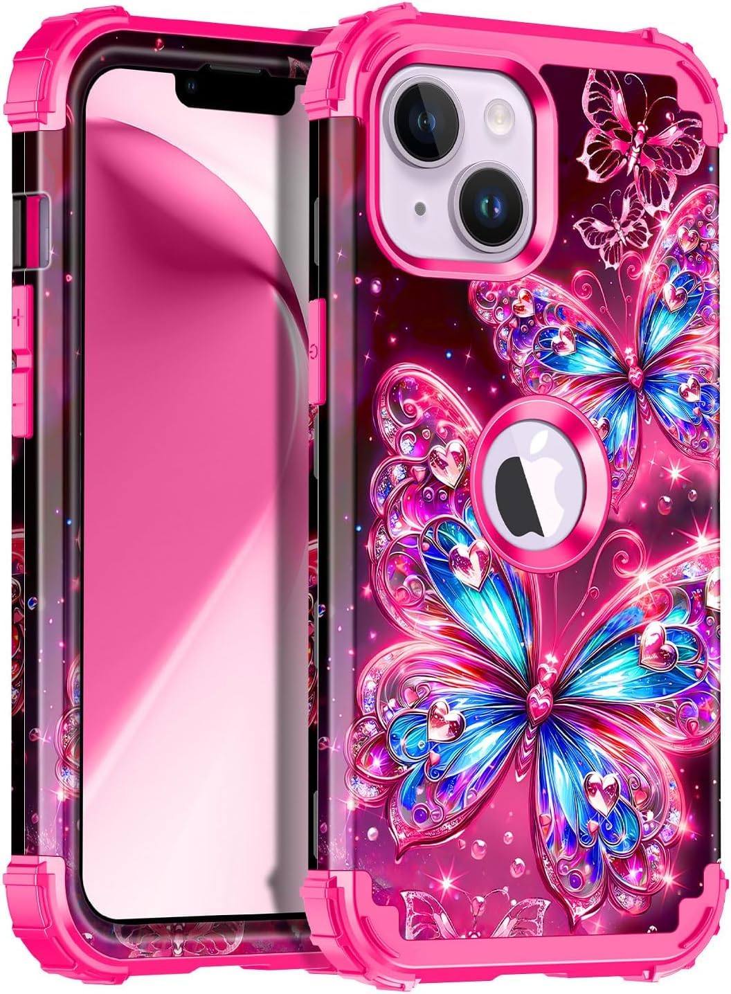 Casetego for iPhone 13 Case,iPhone 14 Case,Glow in The Dark Three Layer Heavy Duty Sturdy Shockproof Full Protection Rugged Hard PC+Soft TPU Bumper Case for Apple iPhone 13/14 6.1 inch,All Butterfly