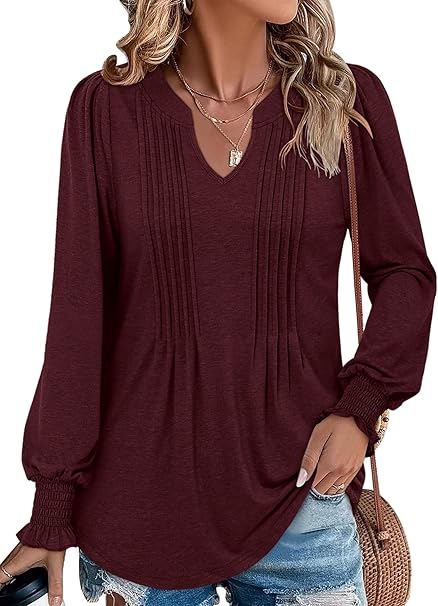 BETTE BOUTIK Long Sleeve Shirts for Women Fall Tops Dressy Blouses Pleated V Neck Tunic Tops for Leggings S-3XL