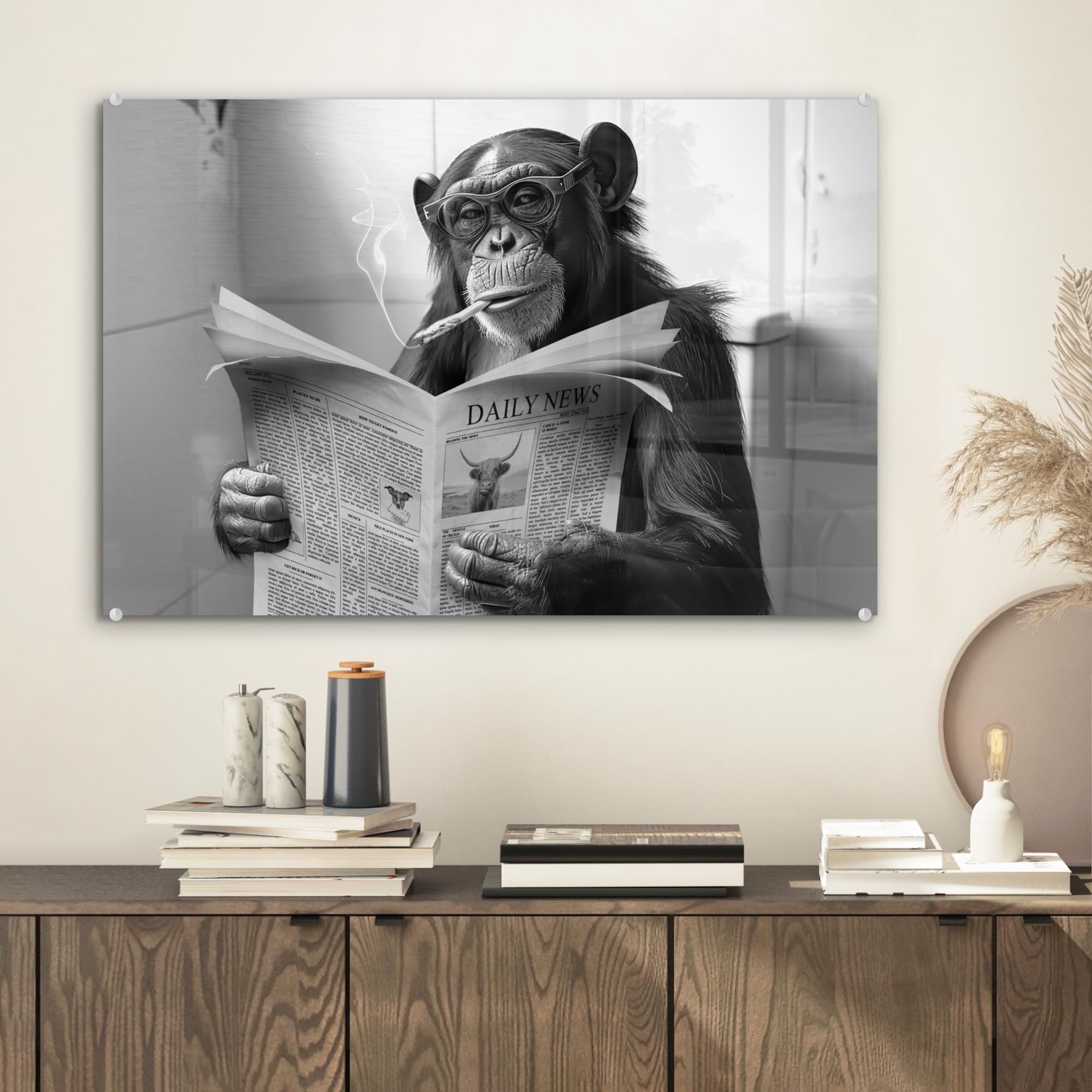 MuchoWow© Wandbilder Glas 60x40 cm Wohnzimmer Wanddeko Schlafzimmer Zimmerdeko Wandgemälde Zimmer Deko auf Wand Dekoration Wall Art Affe - WC - Zeitung - Schwarzweiß - Humor