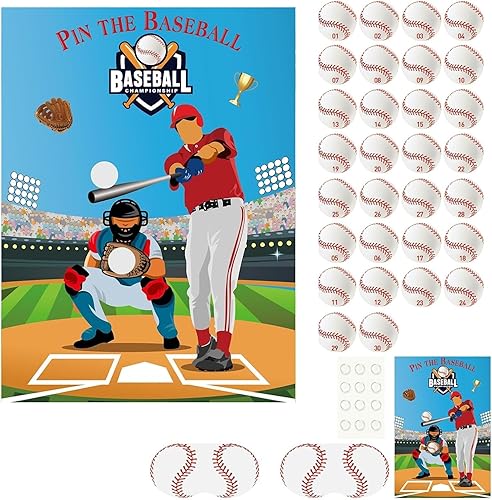 PLULON Pin The Baseball Party Game for Kids Pin The Baseball on the Glove and Bat Póster grande con calcomanías para niños y niñas, fiesta de