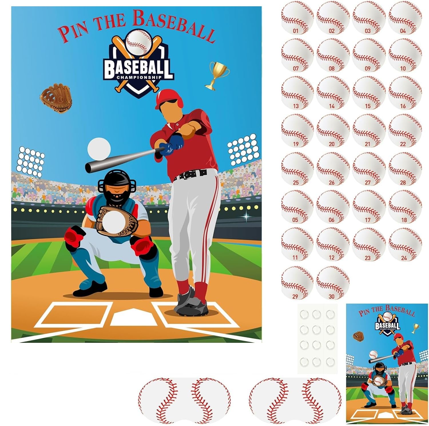 PLULON Pin The Baseball Party Game for Kids Pin the Baseball on the Glove and Bat Large Baseball Poster with Baseball Stickers for Boys Girls Birthday Party Wall Decorations Classroom Activities