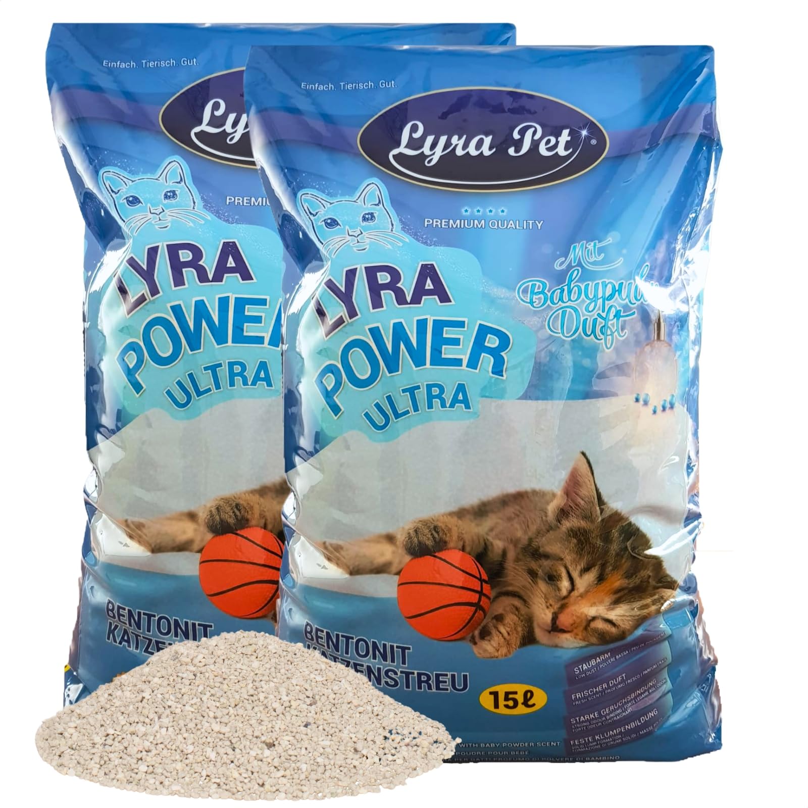 Lyra Pet® | 30 Liter Lyra Power Ultra Excellent Katzenstreu | Mit Babypuder Duft | Klumpstreu | 350% Saugkraft | Naturprodukt aus Bentonit | Stark Klumpend | Saubere Wohnung | Neutralisiert Gerüche