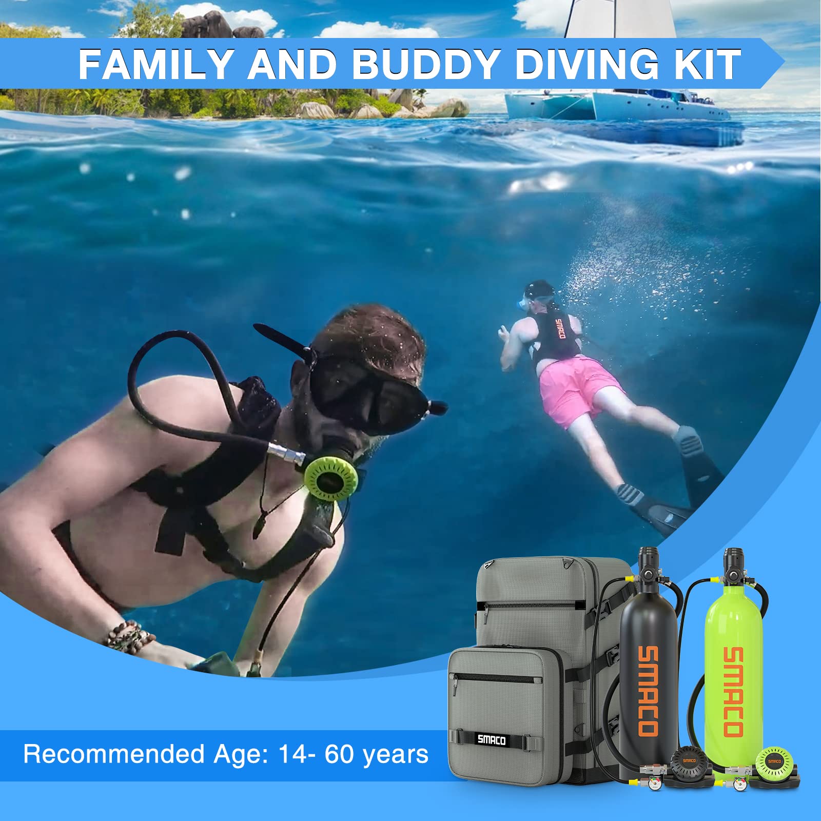 SMACO Mini Botella de Buceo 2 litros Portatil Bombona de Buceo (2 Piezas) Pequeñas Botella Submarinismo Tanque de Buceo Recargable for Viajes Nadar Rescate S700 Plus