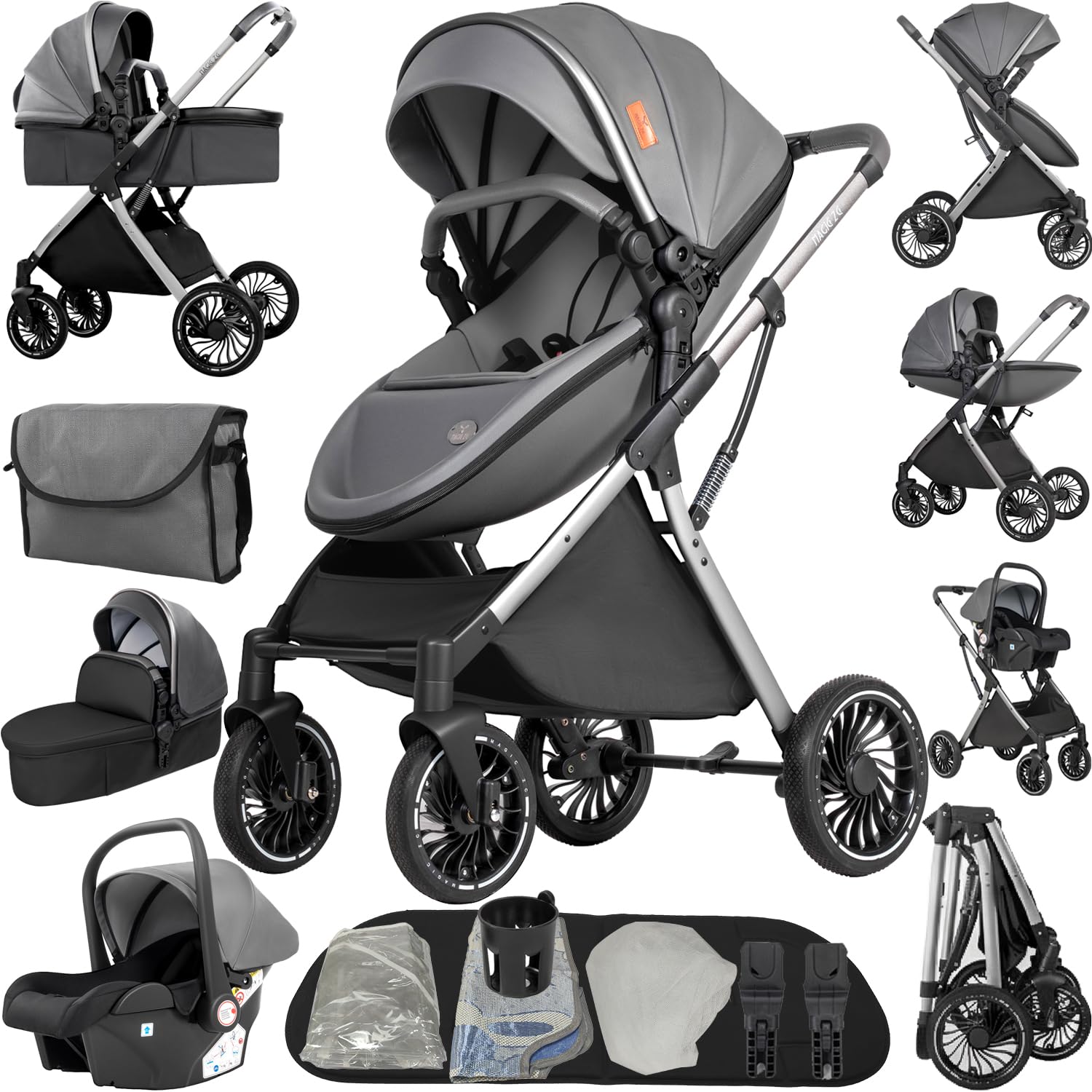 Magic ZC Kinderwagen 4 in 1, Buggy mit Umkehrbarem Zwei-Wege-Schub, Kombikinderwagen Faltbarem Tragbarem One-Click-Design, Kinderwagen 4 in 1 Komplettset mit Zubehör (688 Deep Grey)