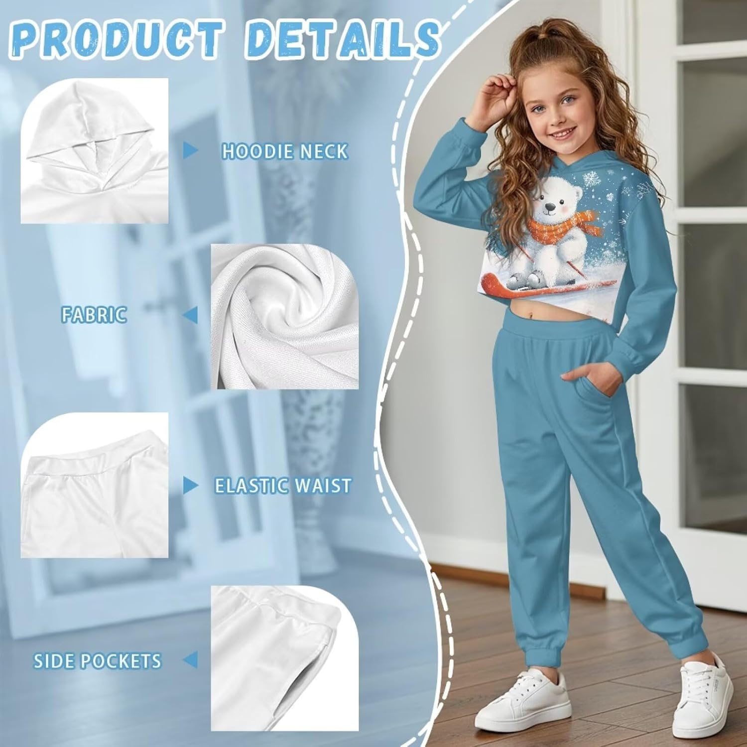 Fashion Girls Sweatsuit Long Sleeve Crop Tops Hoodies and Pants Girls Athletic Sets