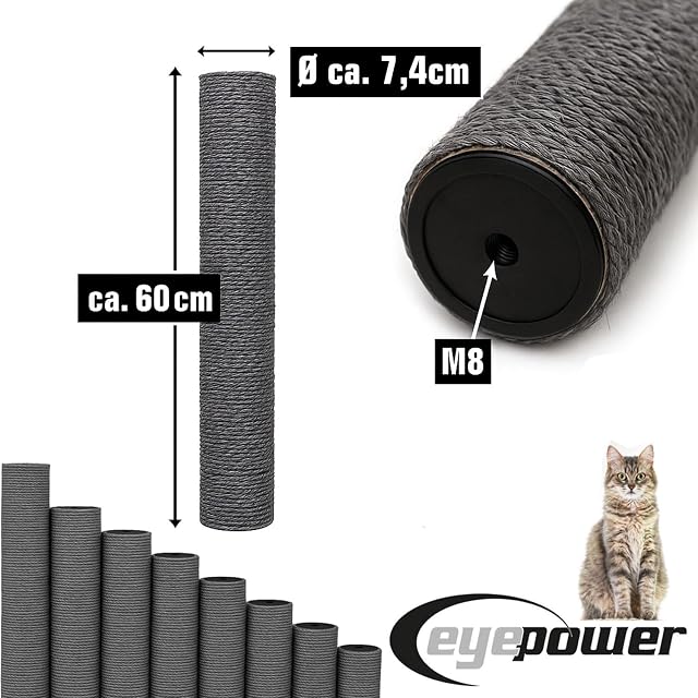 Foto 6 de 8 de eyepower Ø 7,4 cm: 60 cm Poste Rascador de Repuesto - Gris M8 - Accesorio Fuerte para Árbol de Gatos