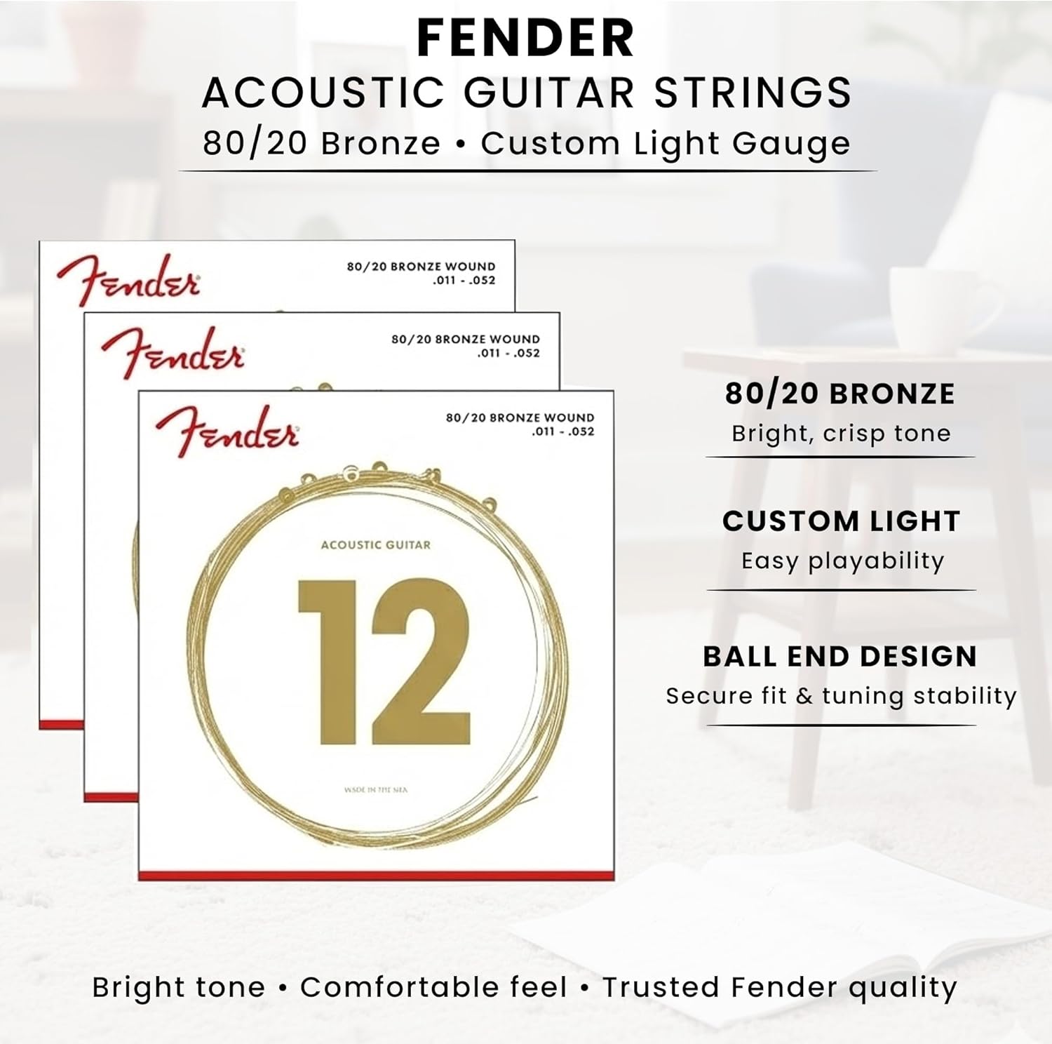 Fender 80/20 Bronze Acoustic Strings, Ball End - Custom Light .011-.052 3-Pack Bundle with 3-Pack Picks
