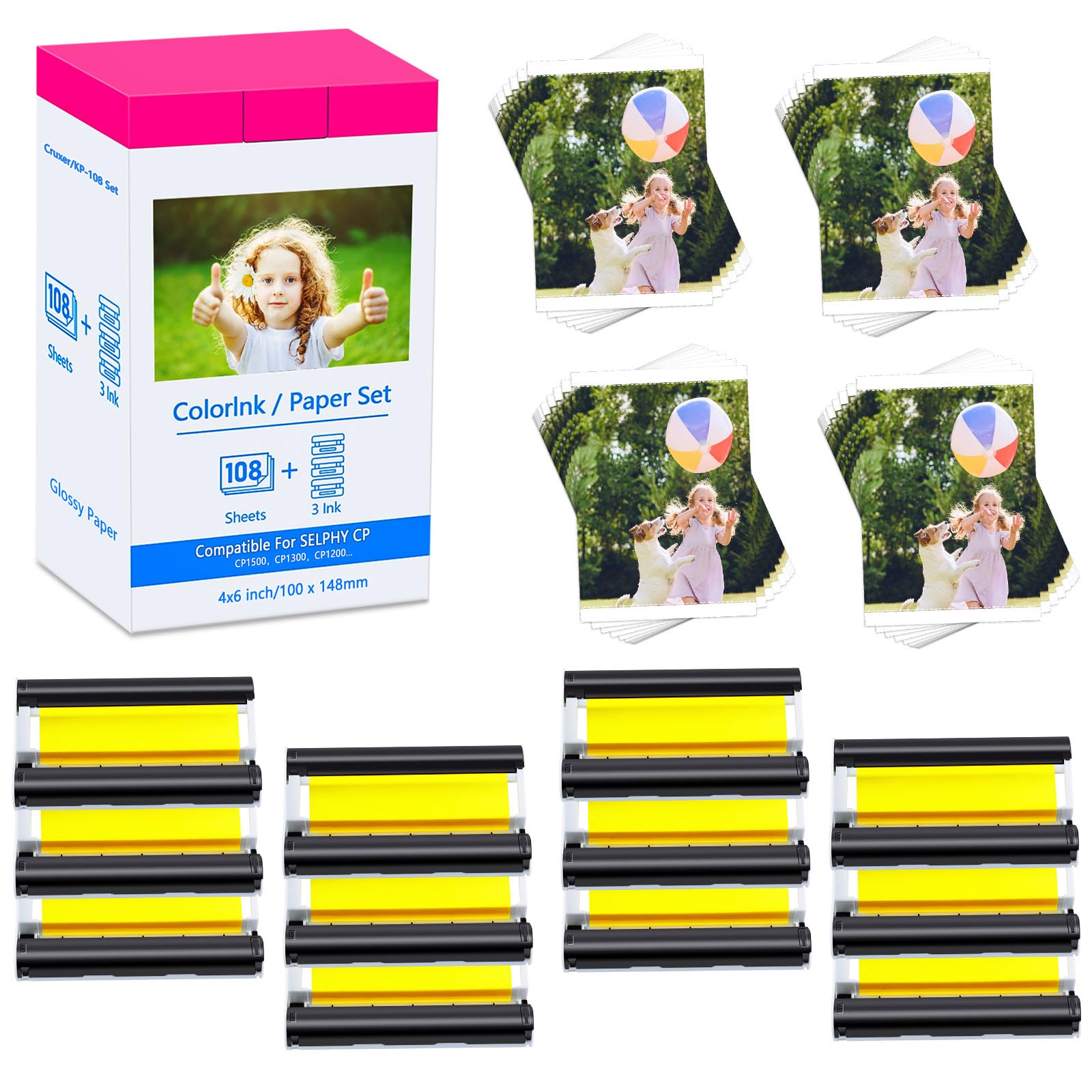Compatible for Canon Selphy CP1300 CP1500 CP910 papier fotograficzny KP-108in 3115B001(AA) 10x15 do Cannon CP Selphy CP1000 CP1200 CP780 CP760 Printer 108 arkuszy Photo Paper 3 Ink Cartridge ges per