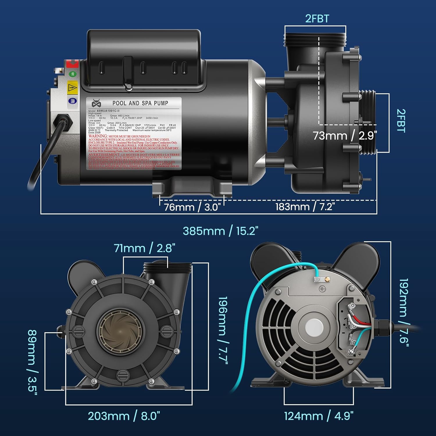 Mxmoonant SPA Pump, 1.5HP 115V Hot Tub Pump 2 Speed SPA Bathtub Motor Pumps 2" Plumbing 48 Frame Motor