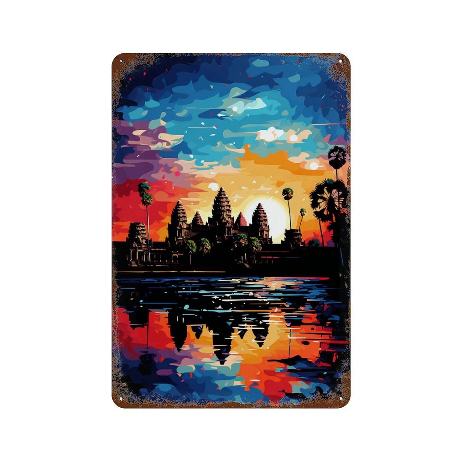 Angkor Wat Sunset Reflection-8 Distressed Metal Wall Sign 11.8"x7.9", Rustic Home Decor for Living Room, Hallway And Home Decor