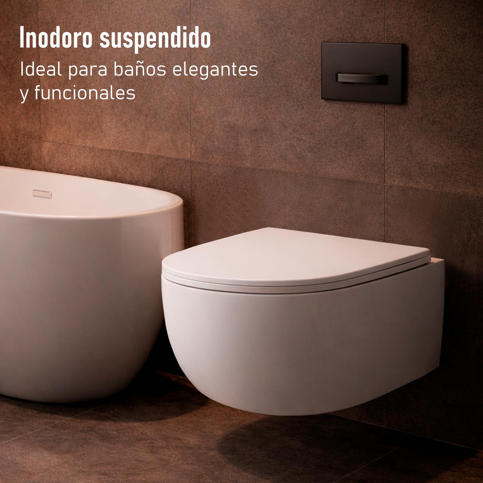 WC Inodoro de Cerámica Suspendido | 530x365x365 mm | Váter con Sistema Rimless Antibacterias, Tapa Dura Extrafina UF Amortiguada y Ahorro de Agua (Blanco)